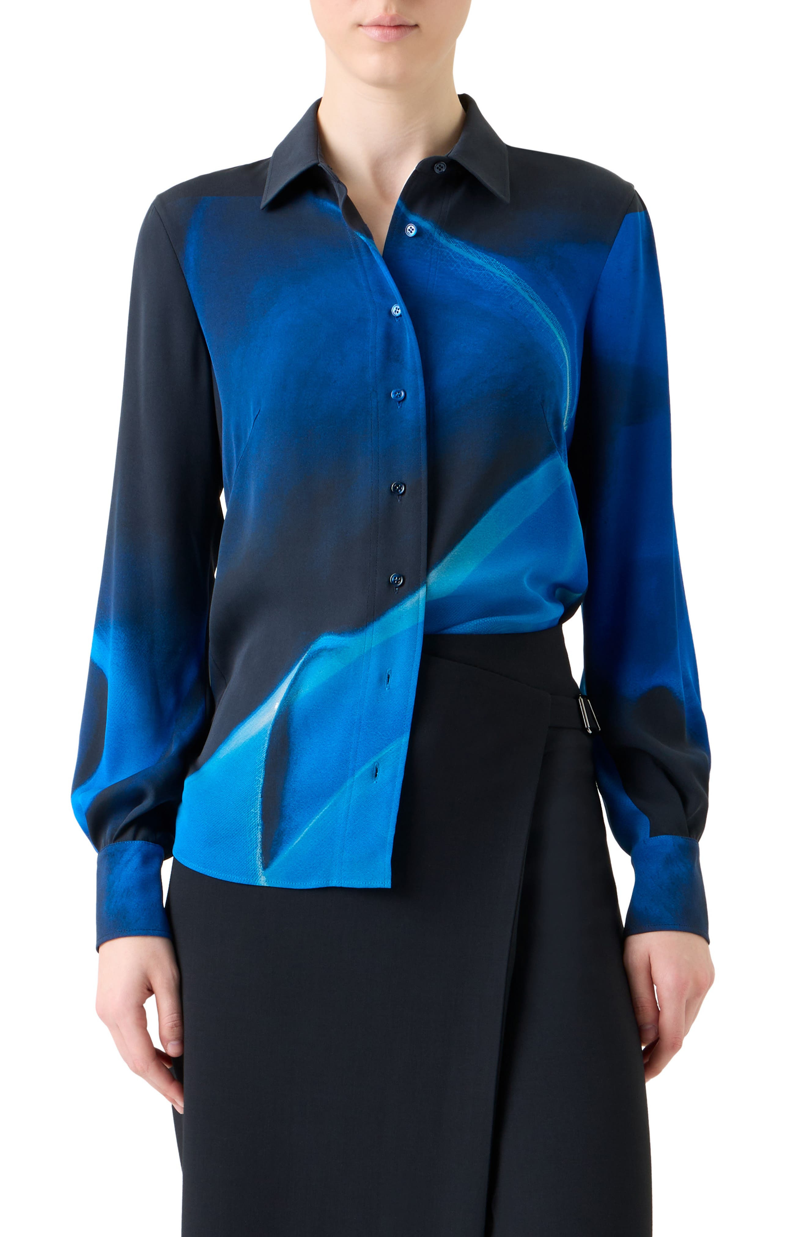 Akris Cyanotype Print Silk Crepe Button-Up Shirt in Navy-Royal at Nordstrom - 1