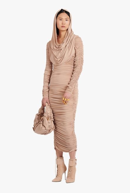 Mid-length beige jersey hooded dress - 2