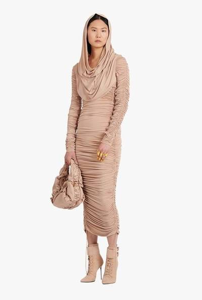 Balmain Mid-length beige jersey hooded dress outlook