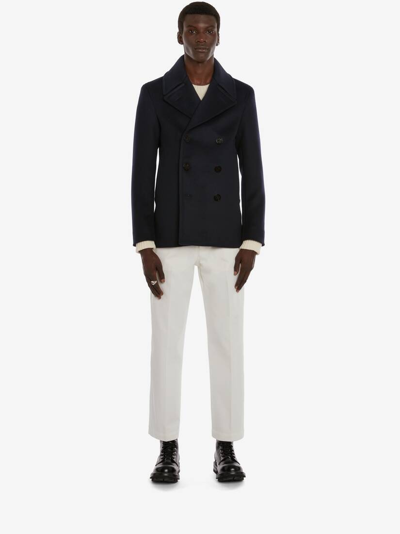 Wool Felt Skeleton Peacoat in Navy - 2
