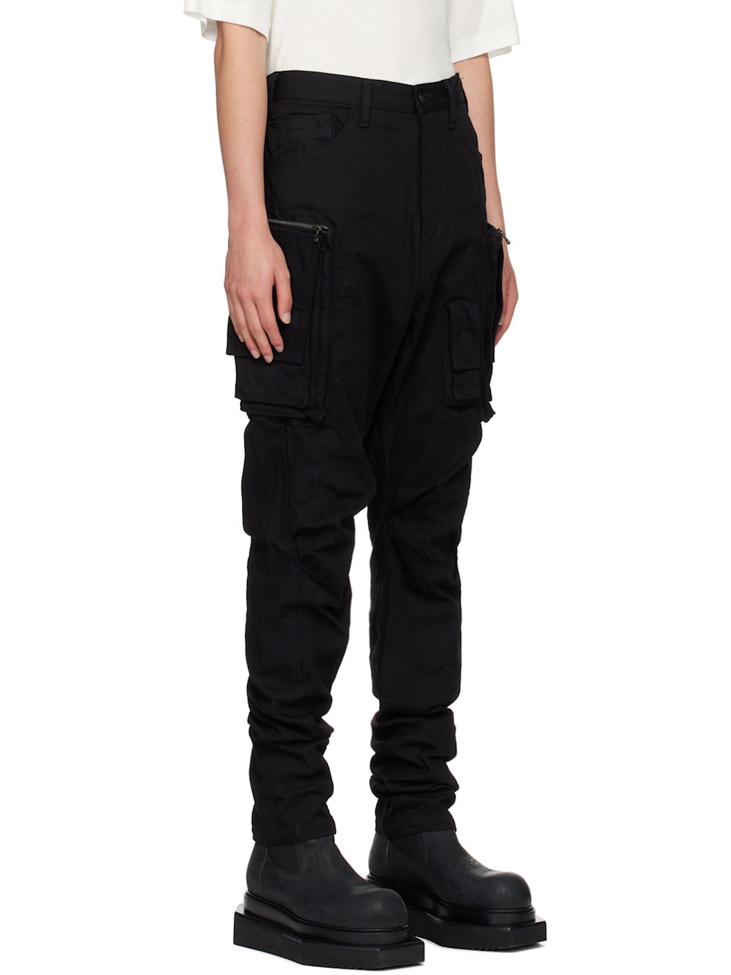 Black Pleated-Knee Denim Cargo Pants - 2