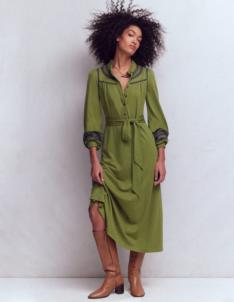 BODEN Embroidered Jersey Shirt Dress-Olive outlook