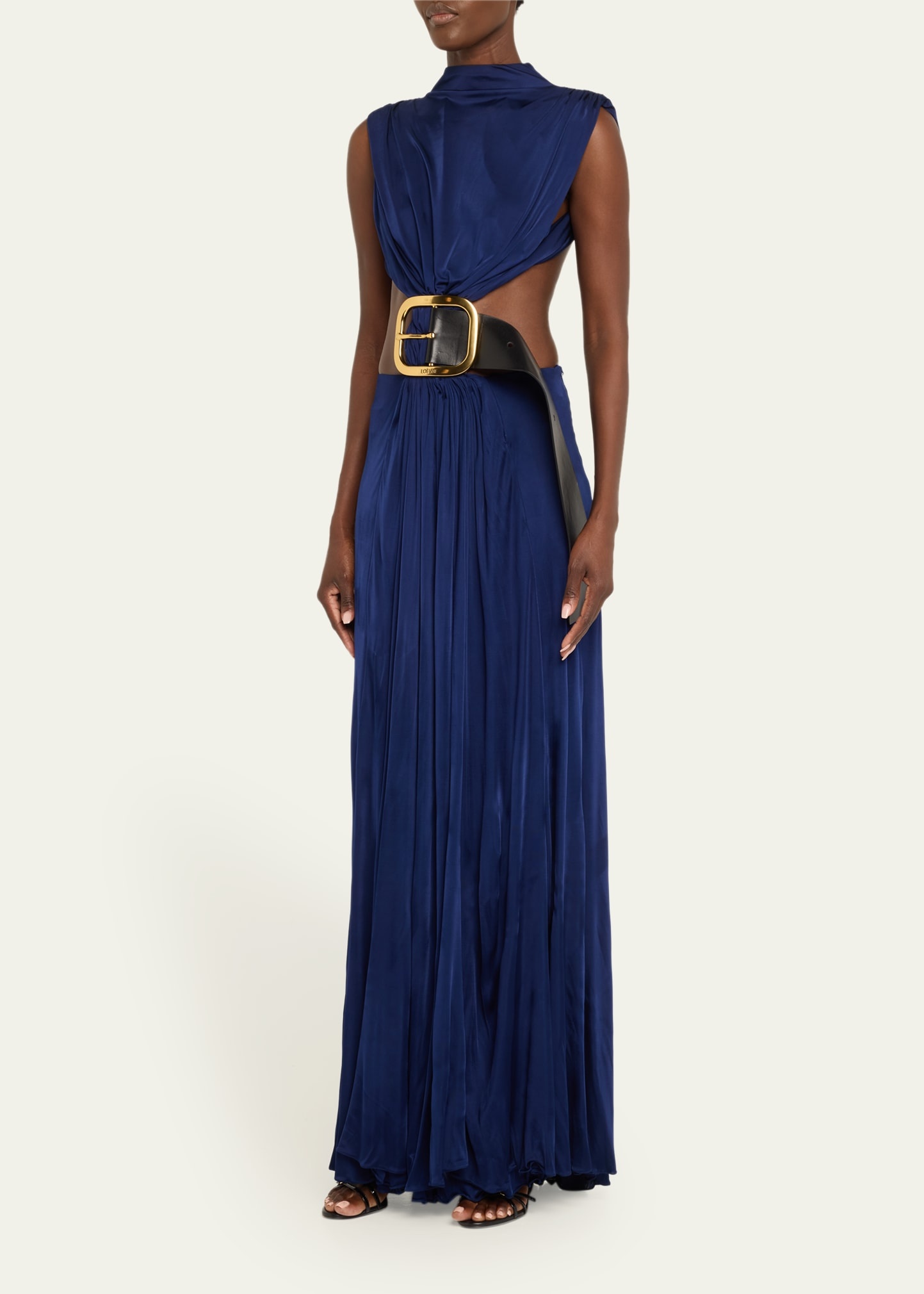 High-Neck Cutout Draped Backless Belted Gown - 4