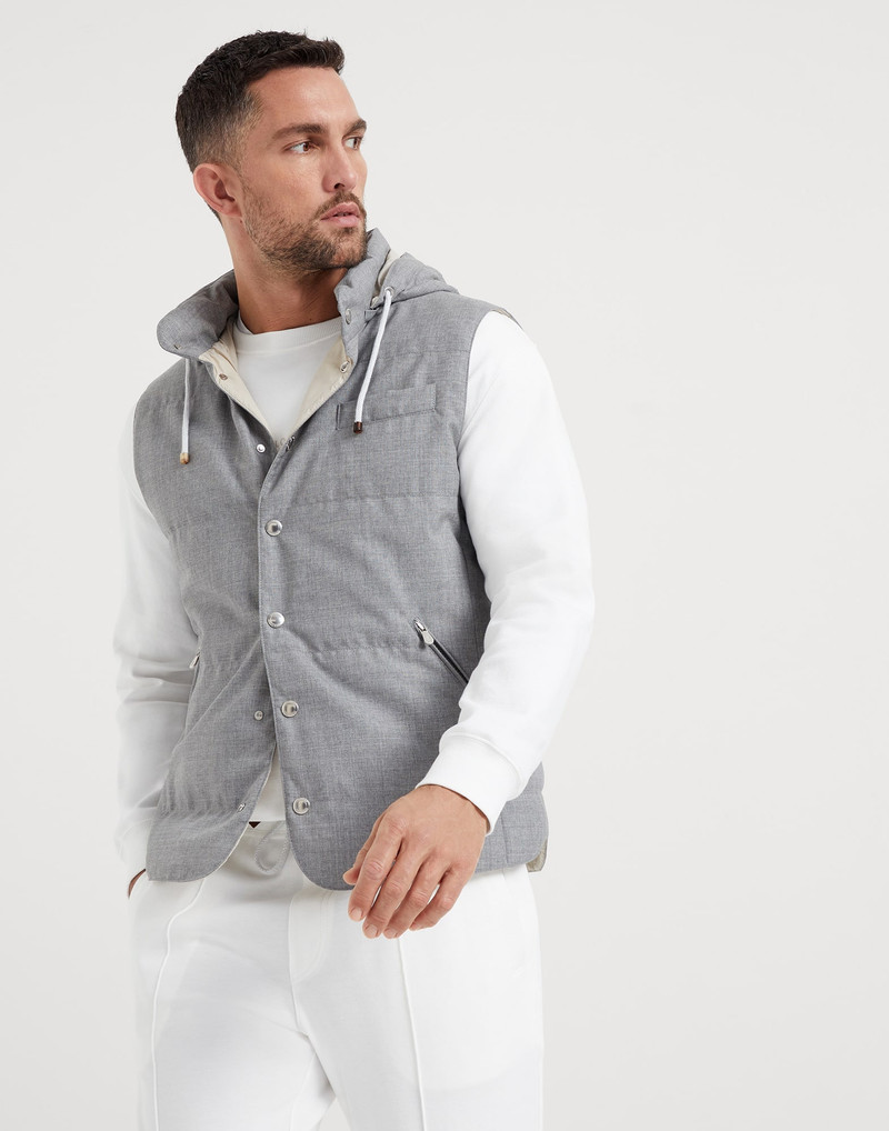 Virgin wool fresco lightweight down vest with detachable hood 1