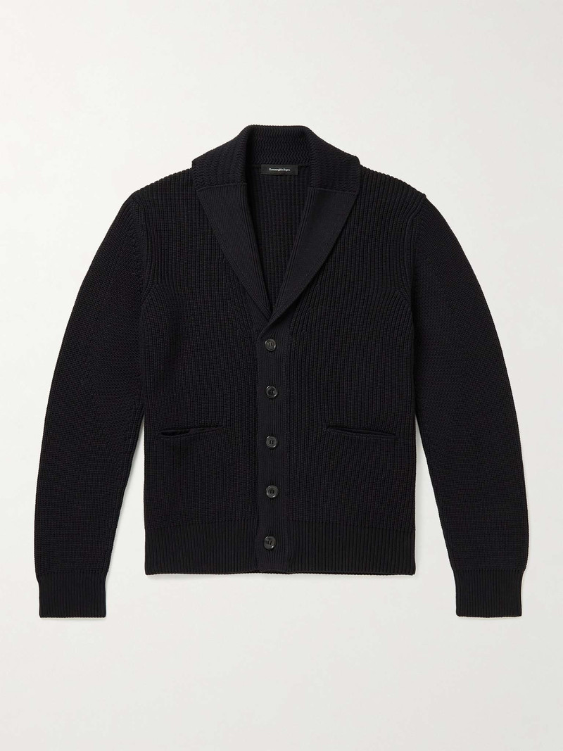 Shawl-Collar Ribbed Cotton and Silk-Blend Cardigan 1