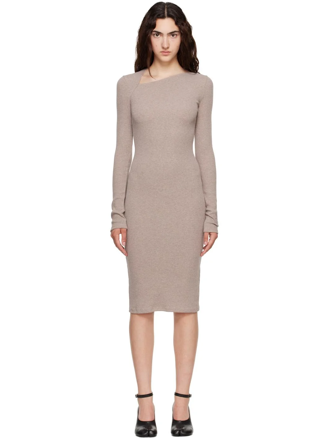 Taupe Ribbed Midi Dress - 1
