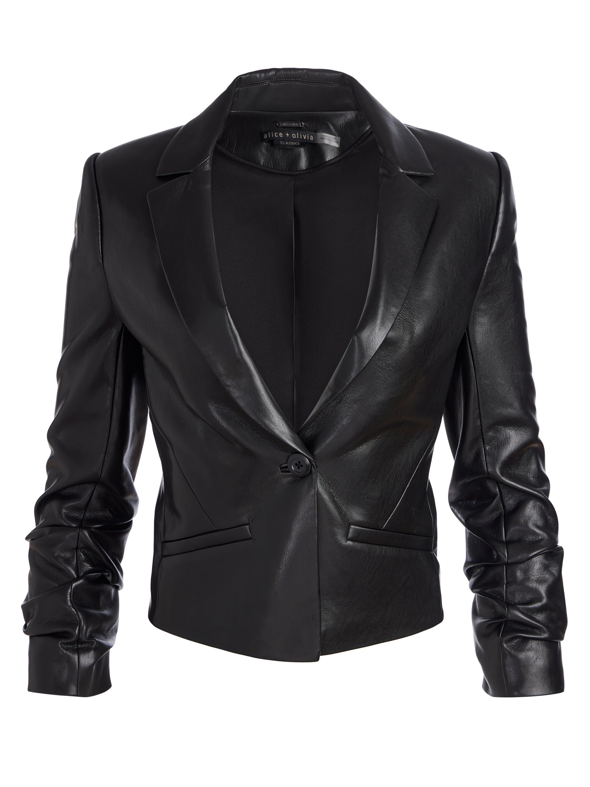 VINNIE RUCHED SLEEVE VEGAN LEATHER FITTED BLAZER - 1