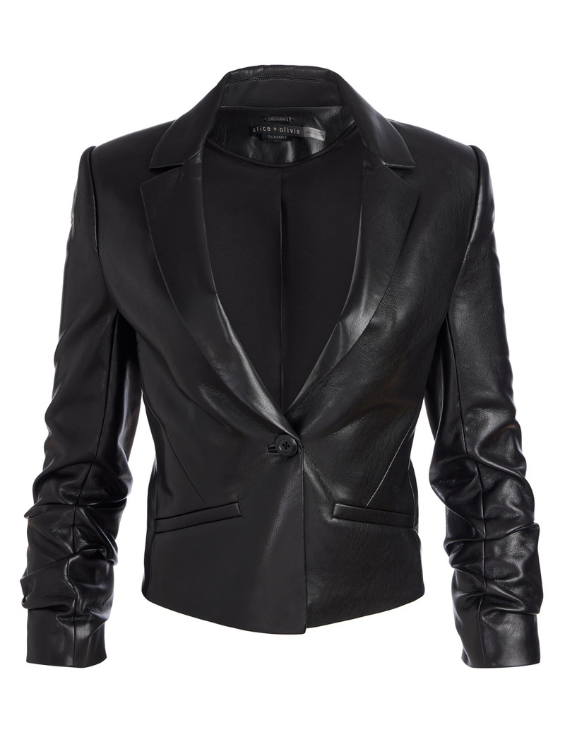 VINNIE RUCHED SLEEVE VEGAN LEATHER FITTED BLAZER 1