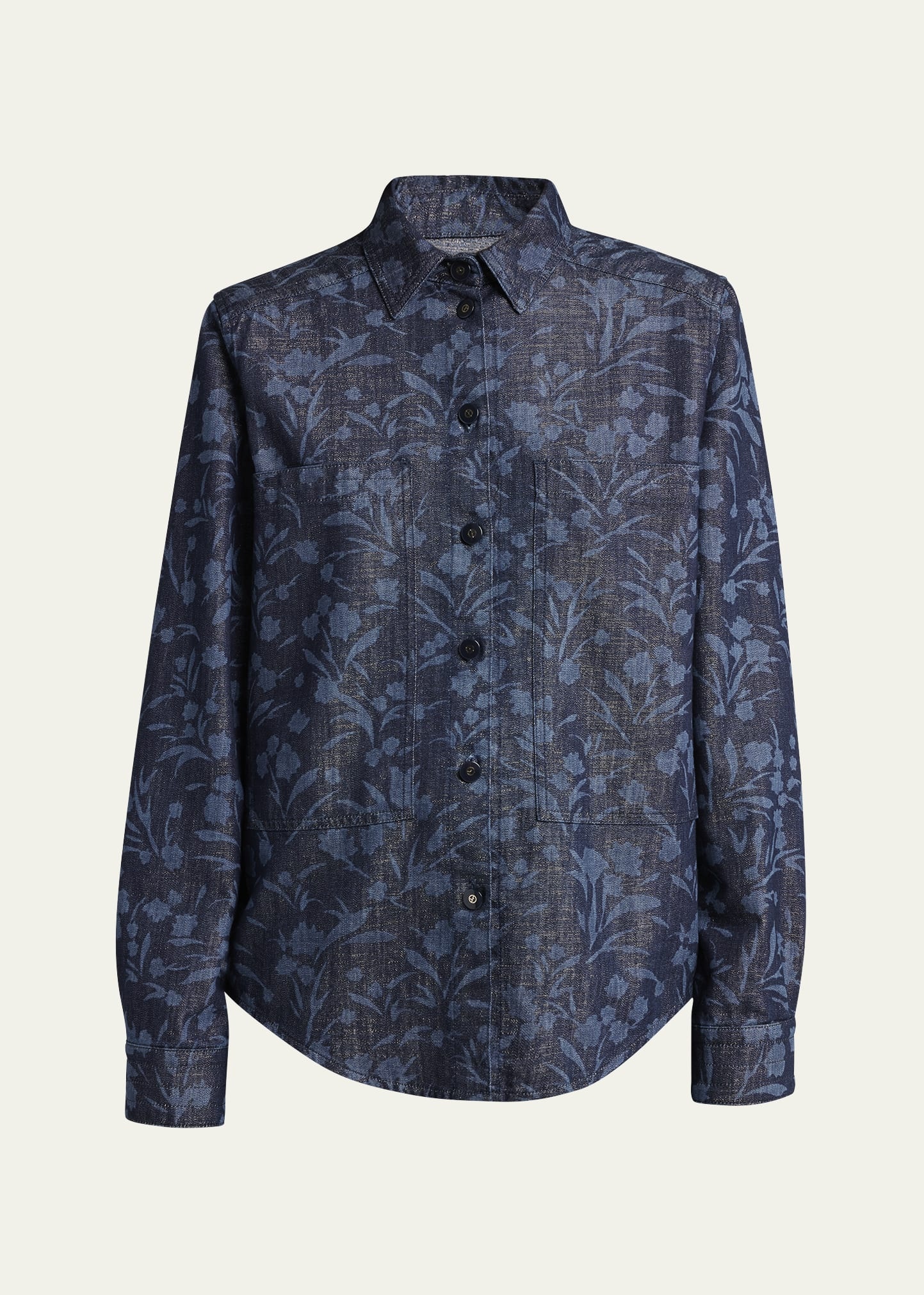 Shiny Denim Floral Print Button-Front Shirt - 1