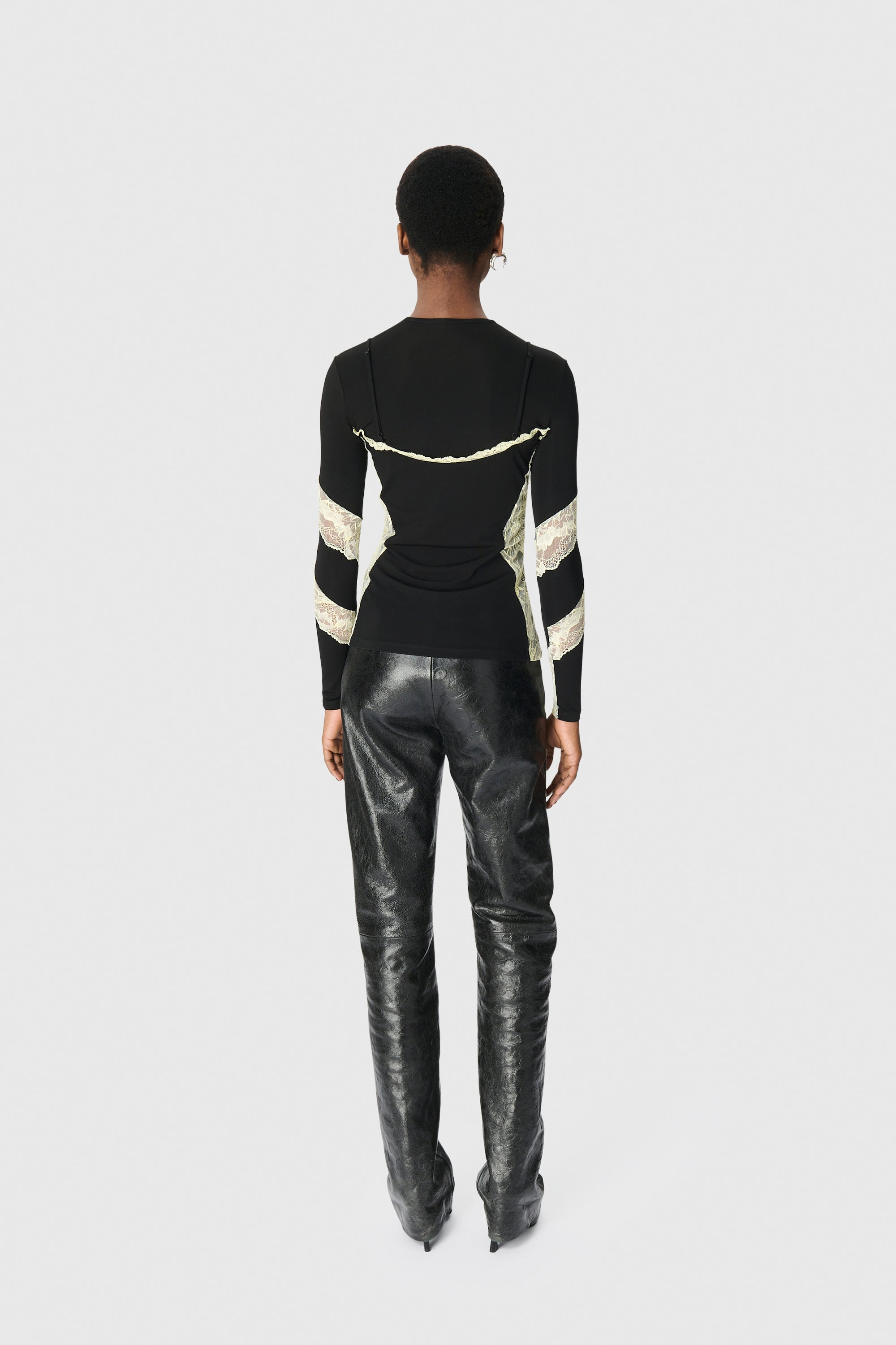 Draped Jersey & Lace LS Crewneck Top - 2