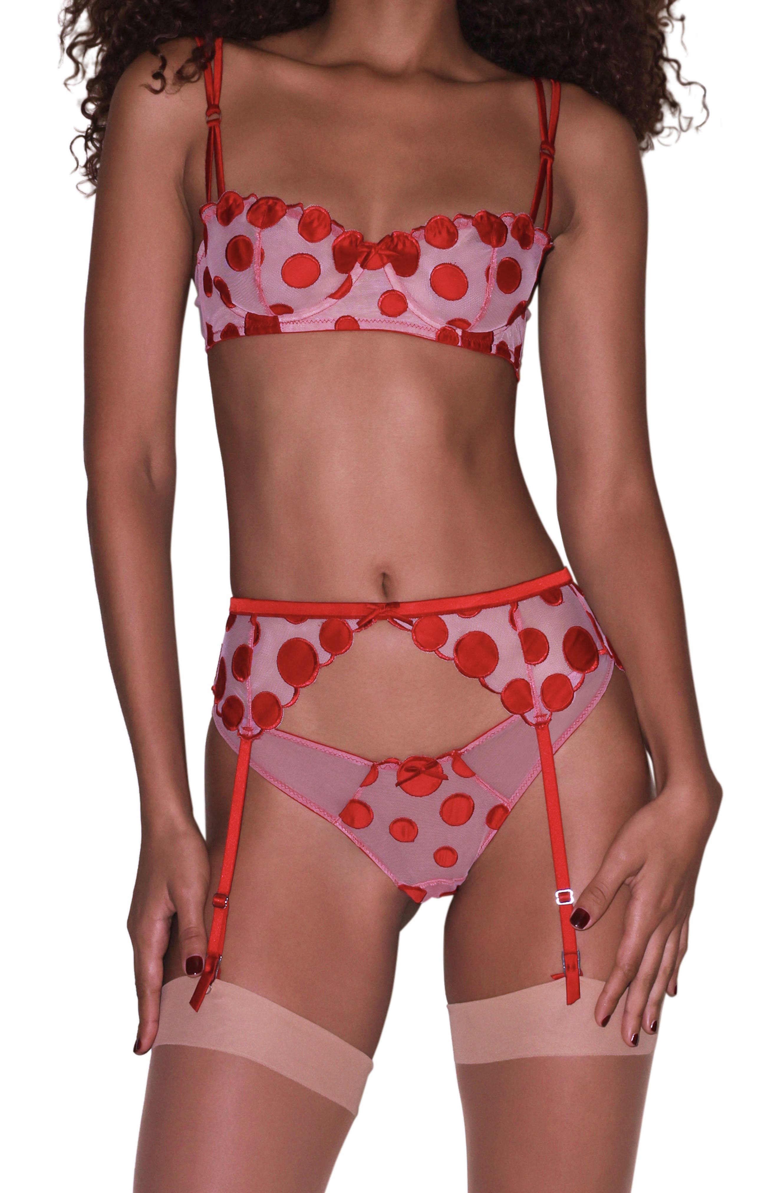 Fleur Du Mal Polka Dot Embroidered Underwire Balconette Bra in Rouge at Nordstrom - 4