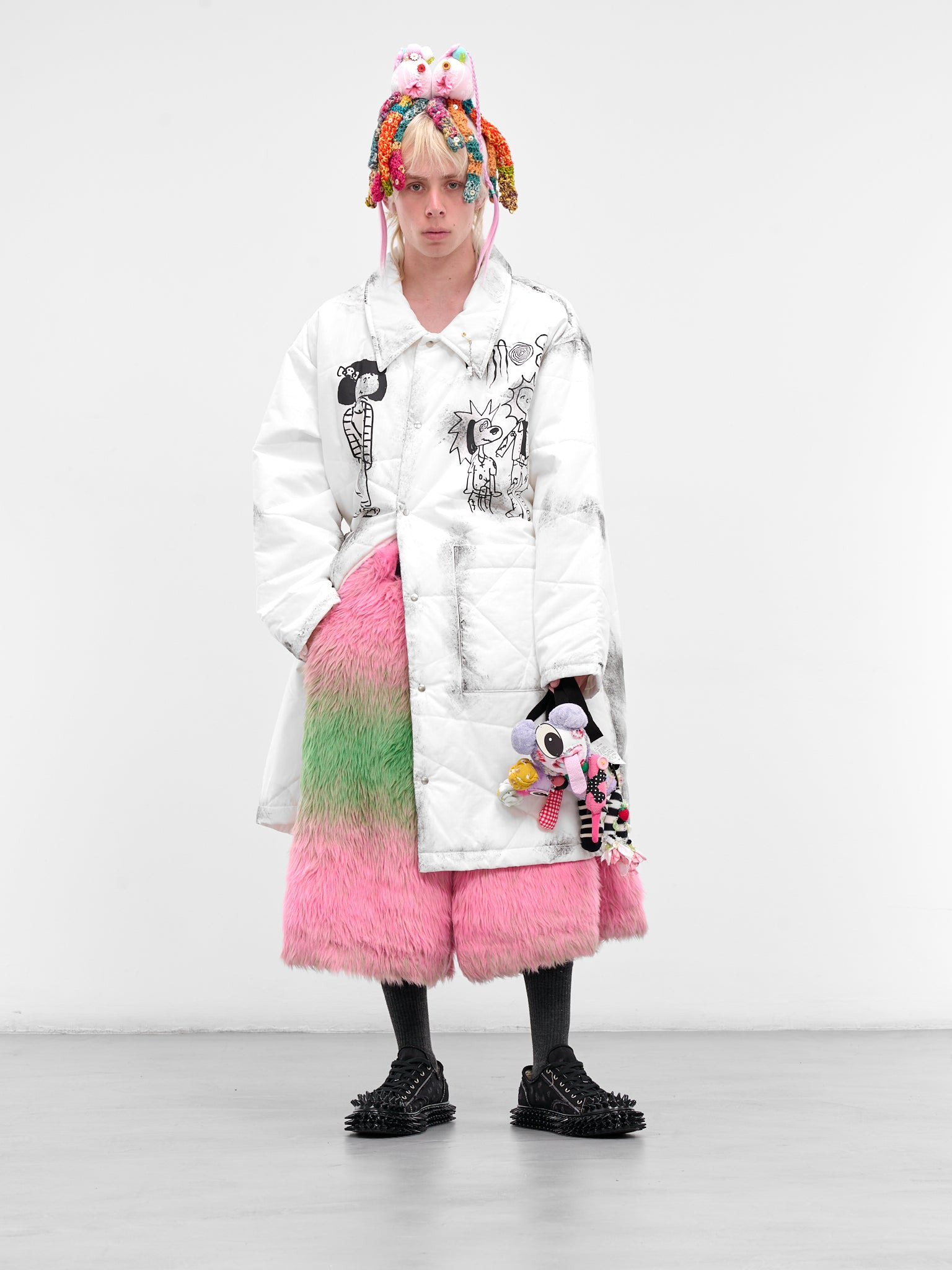 White Punk Graphic Quilted Coat - 6