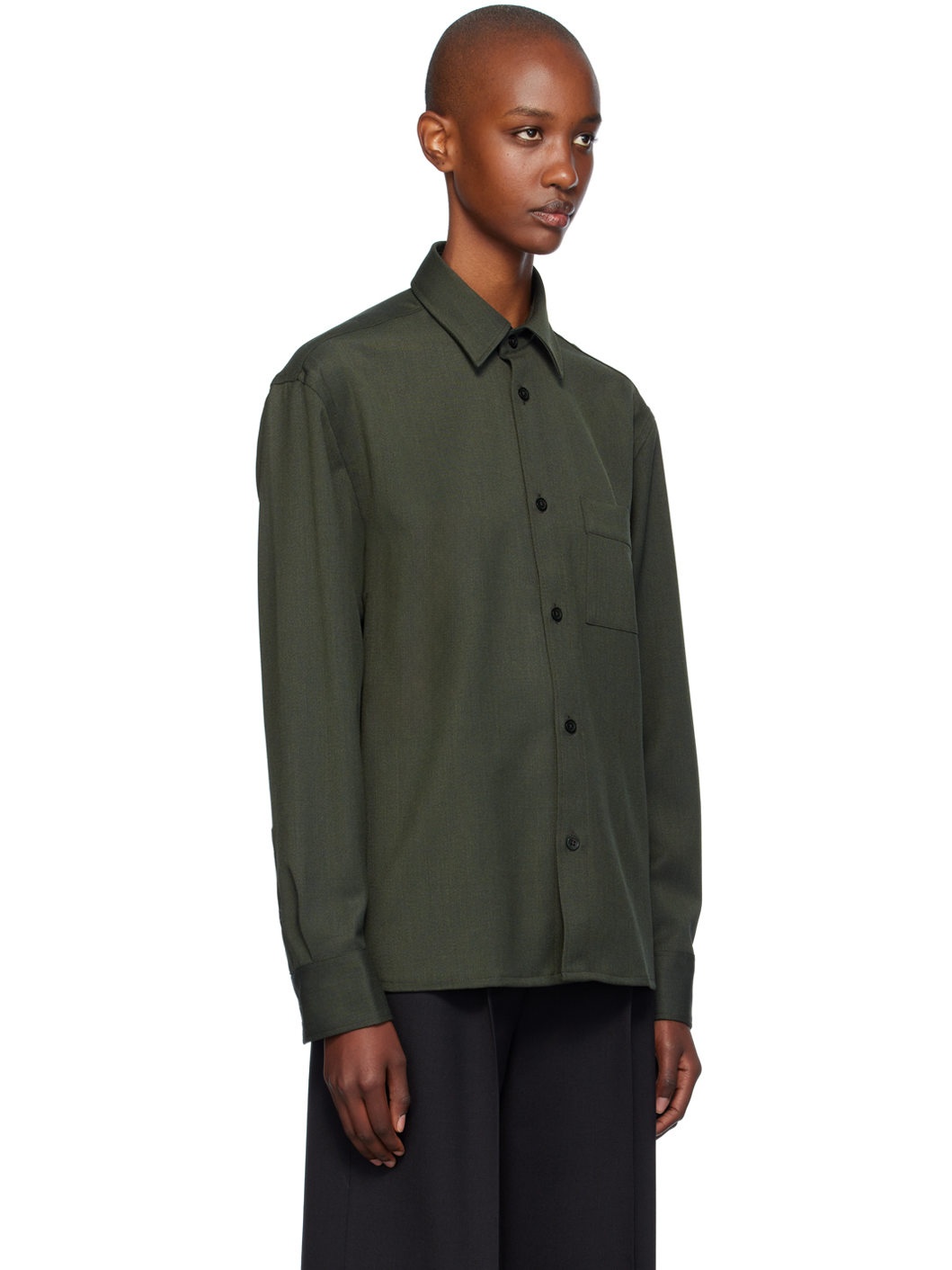 Green Boxy Wool Twill Shirt - 2
