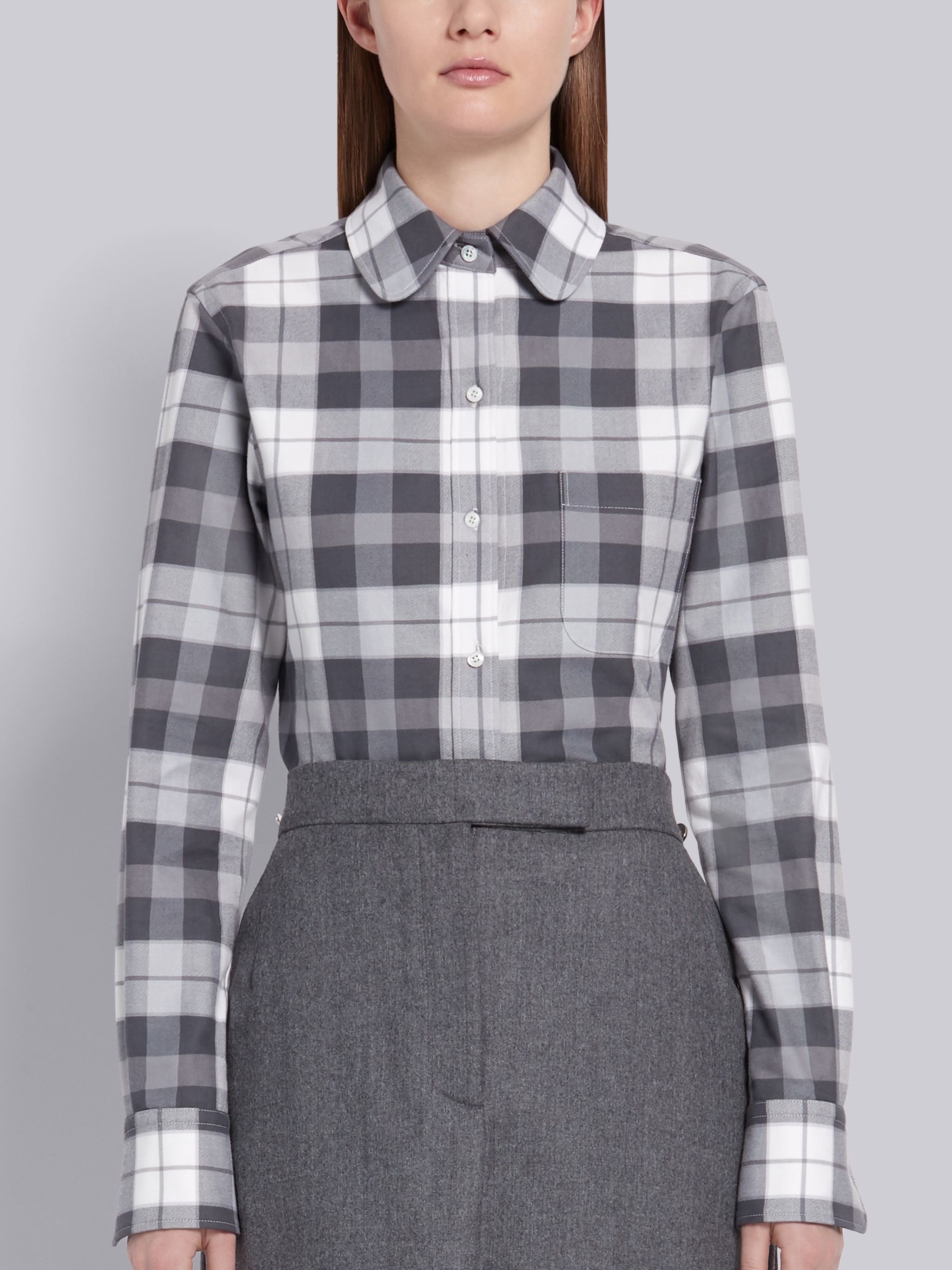 Medium Grey Flannel Tartan Check Long Sleeve Round Collar Shirt - 1