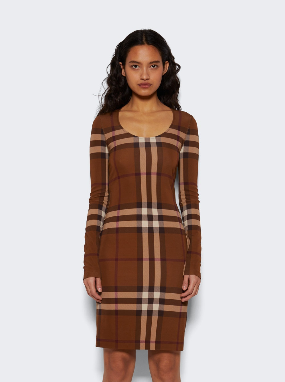 Check Stretch Long Sleeve Dress Dark Birch Brown - 3