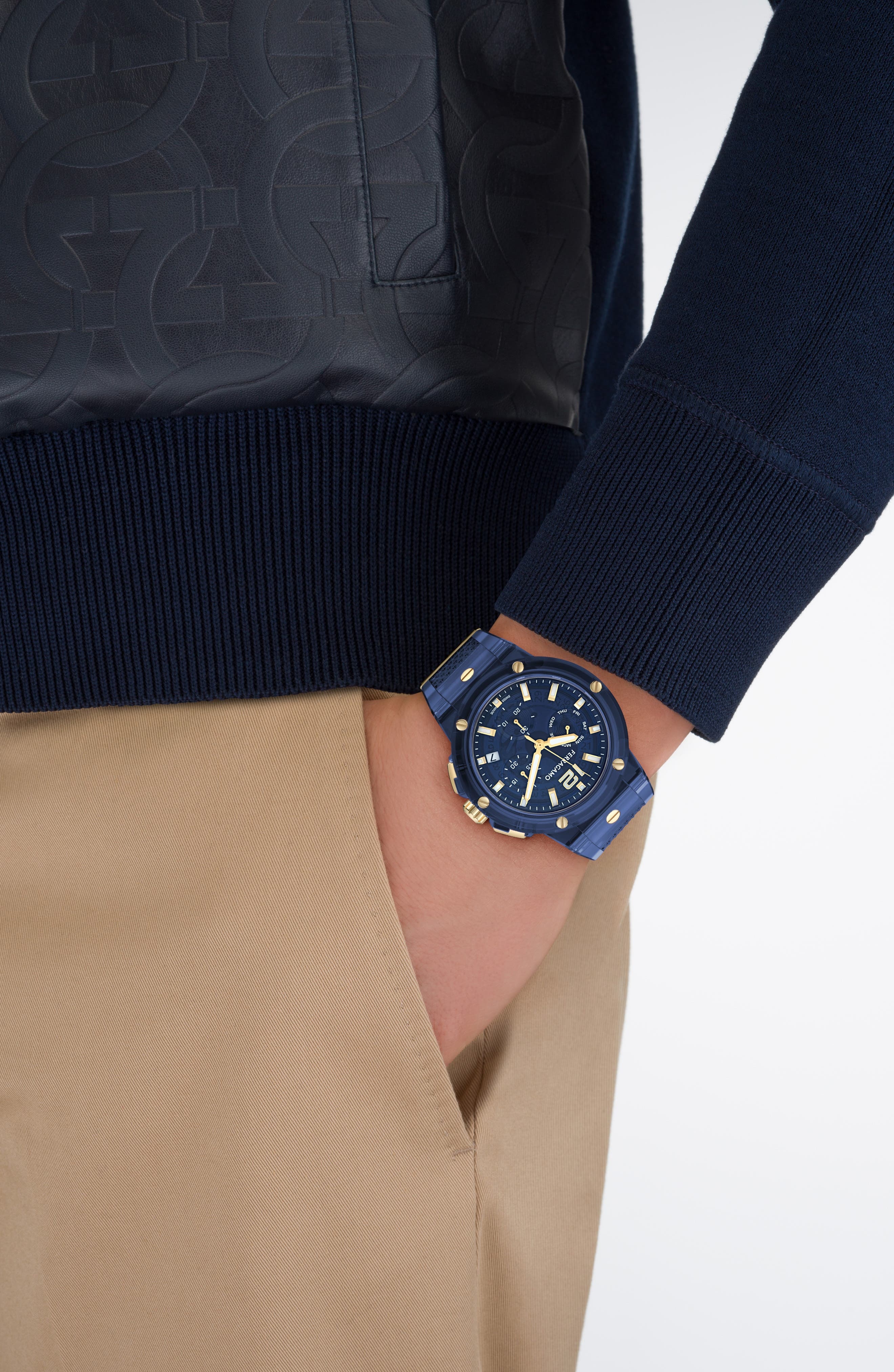 FERRAGAMO F-80 Translucent Chronograph Recycled Polyurthane Strap Watch, 44mm in Blue at Nordstrom - 2