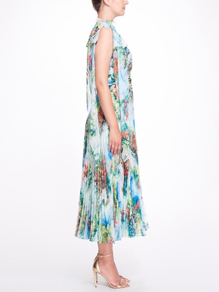 ONE SHOULDER PRINTED CHIFFON PLEATED DRESS - 2
