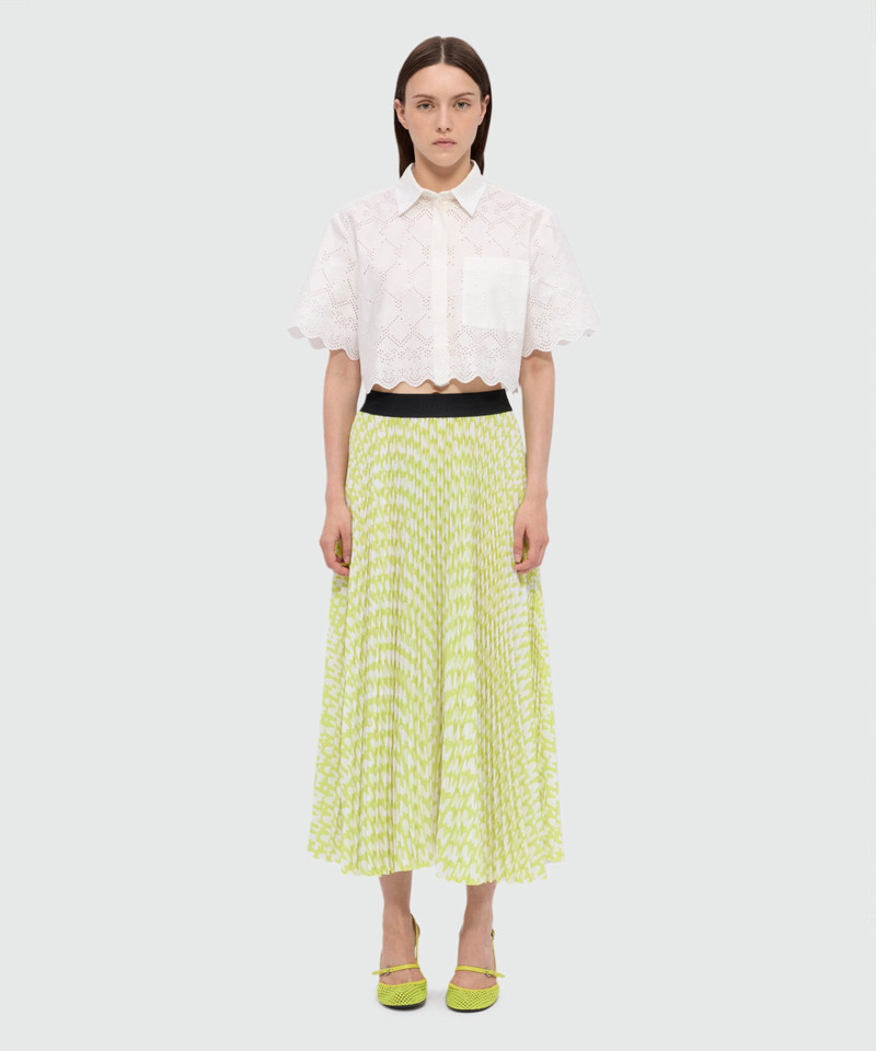 MSGM Lime pleated soleil skirt with all-over MWAVE logo print outlook