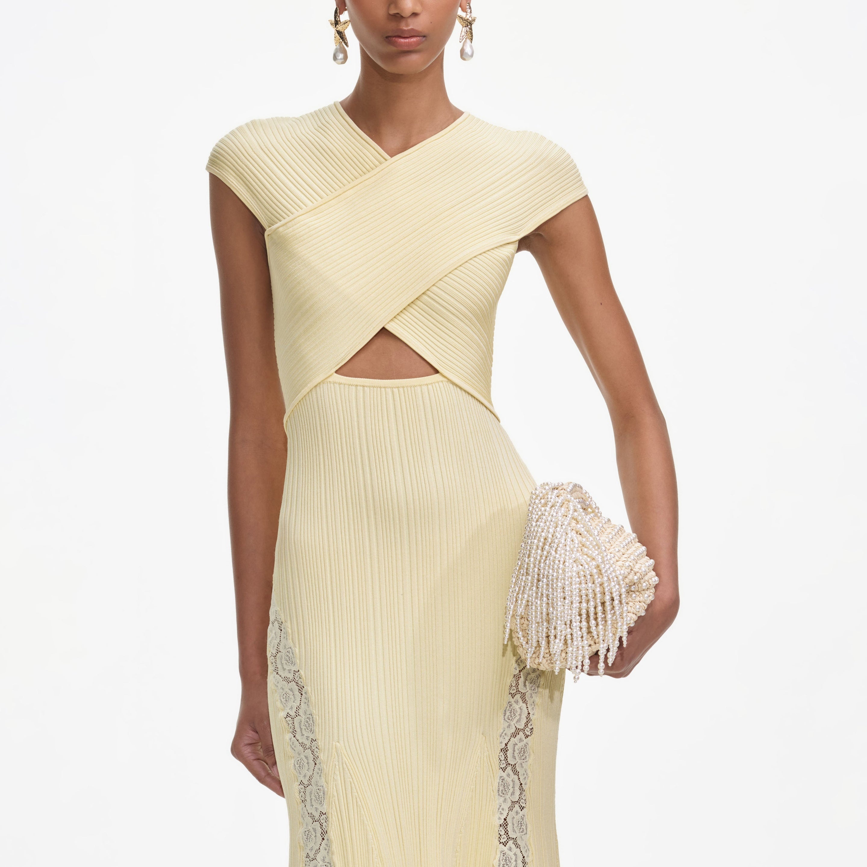 【SELF PORTRAIT】White/Yellow Knit Lace Insert Midi Dress White Tulle Lace Gathered Midi Dress – self-portrait-US