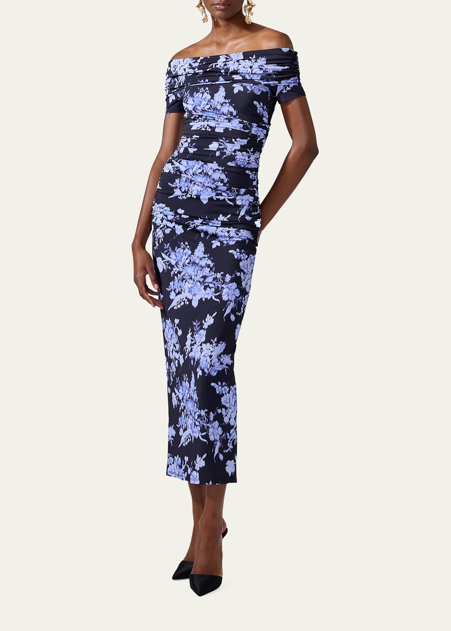 Off-the-Shoulder Floral Gathered Body-Con Dress - 2