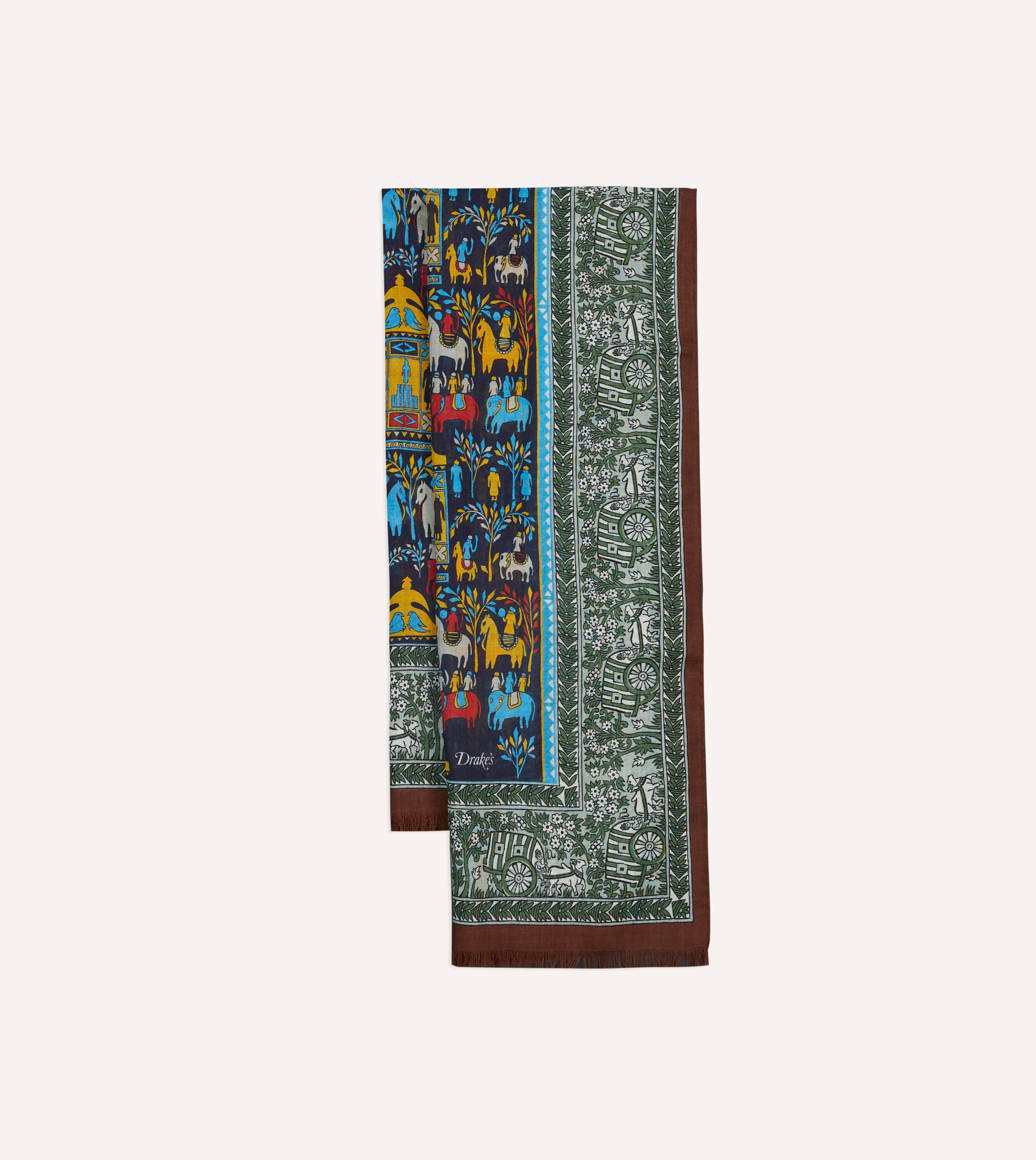 Navy Elephant Village Print Wool-Silk Scarf - 1