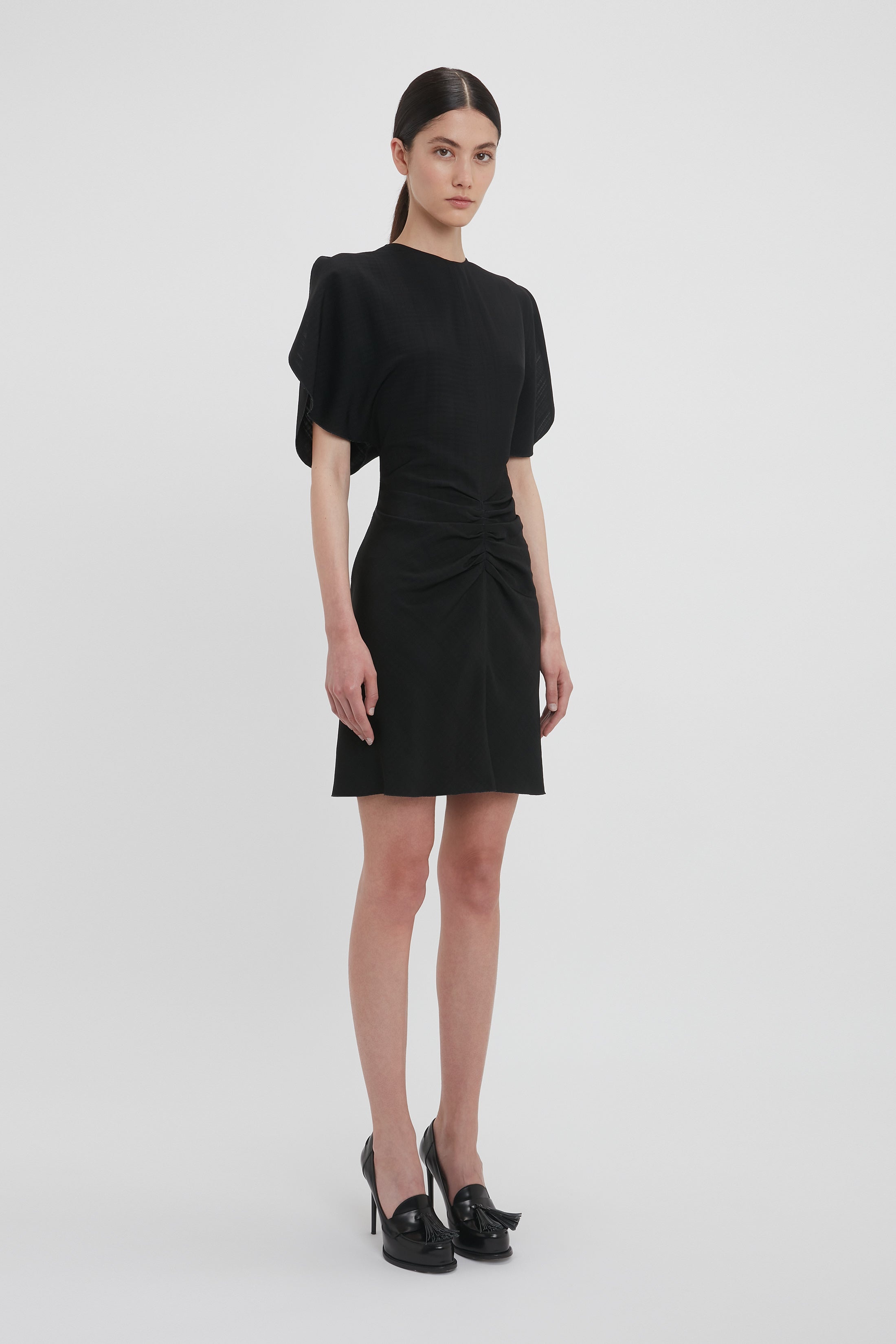 Gathered Waist Mini Dress In Black - 3