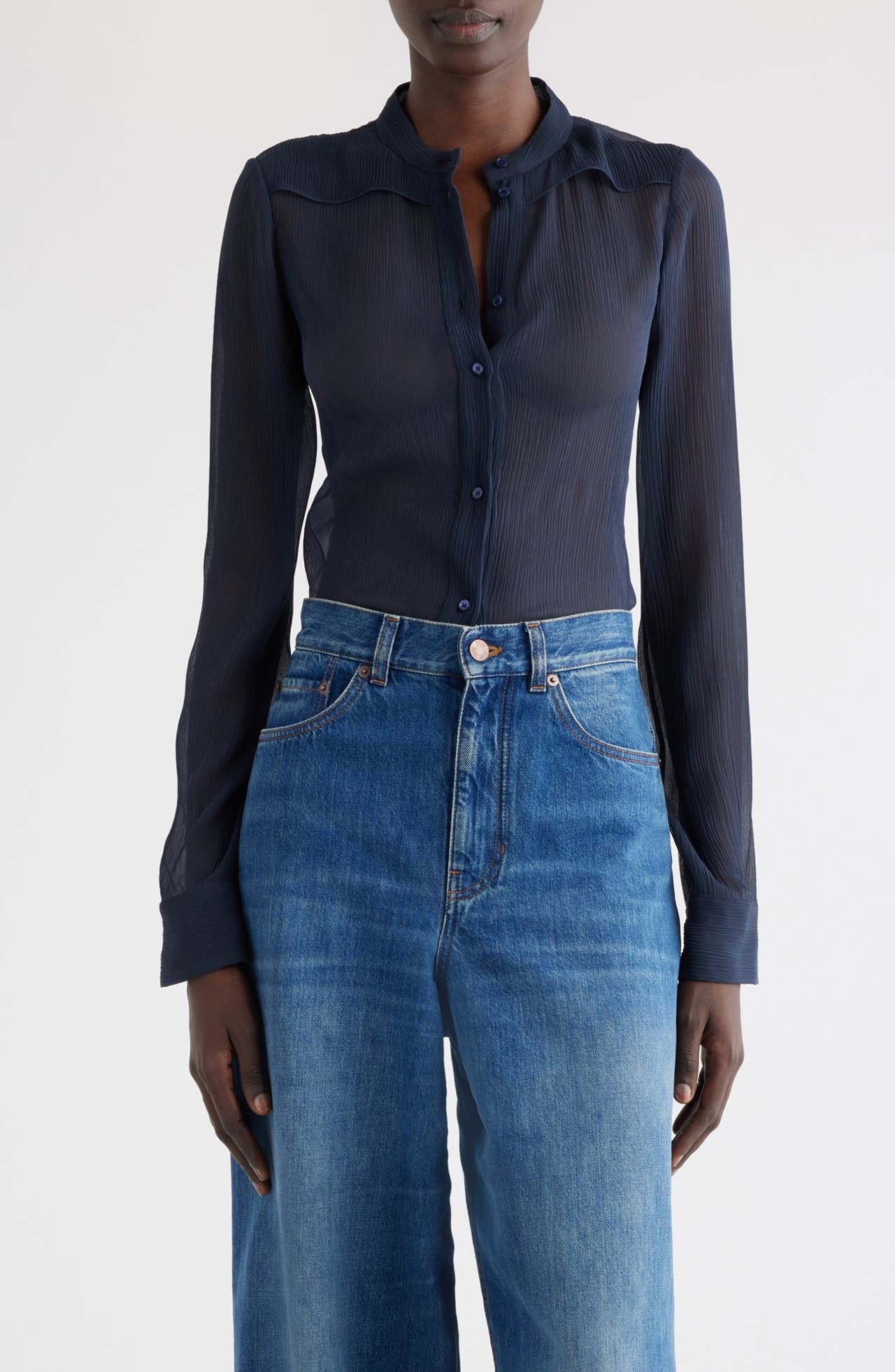 Chloé Sheer Crinkle Silk Button-Up Shirt in Graphite Blue at Nordstrom - 1