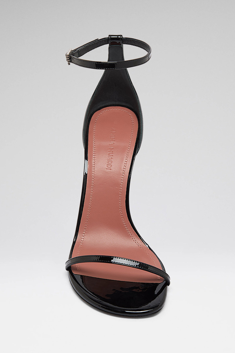 Amina Muaddi BARBARA SANDAL 105 BLACK PATENT AND WHITE CRYSTAL BUCKLE outlook