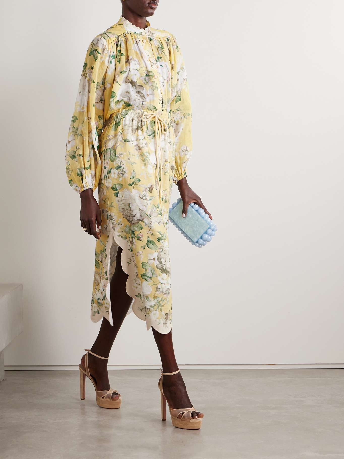 knee length dresses for ladies Zimmermann Acacia Scallop Midi Skirt Yellow Floral  blueandcream