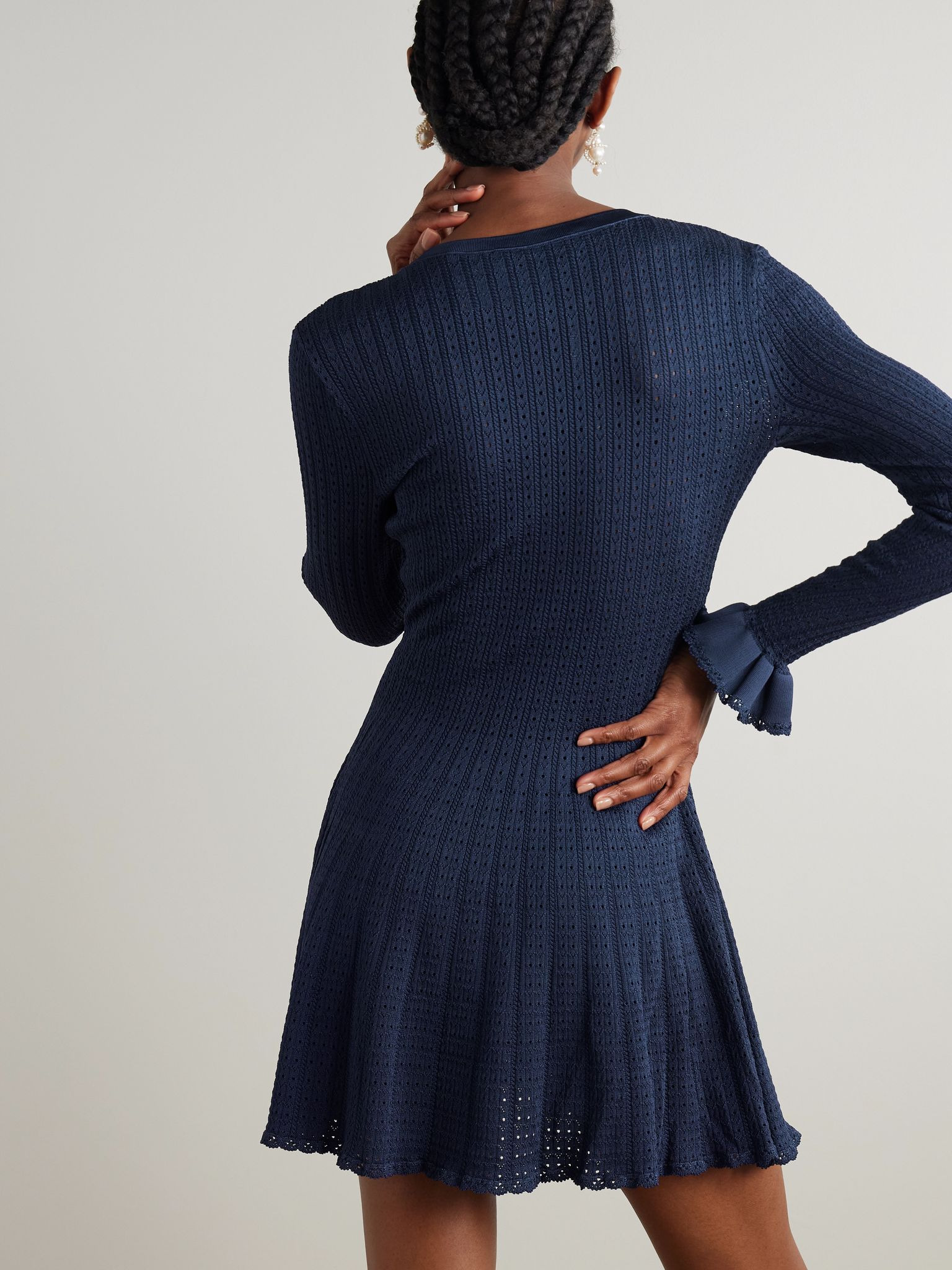 Embellished ruffled pointelle-knit mini dress Blue - 3