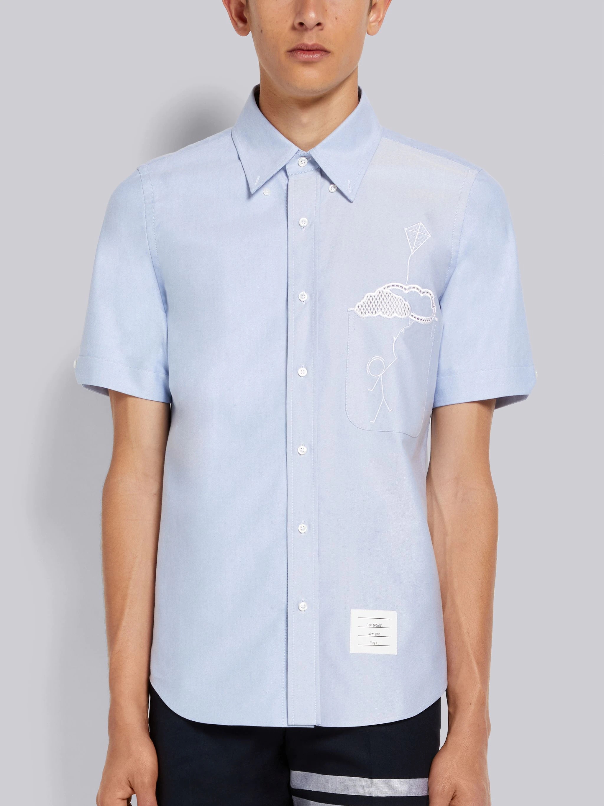 Light Blue Broderie Anglaise Mr. Thom With Kite Straight Fit Short Sleeve Shirt - 3