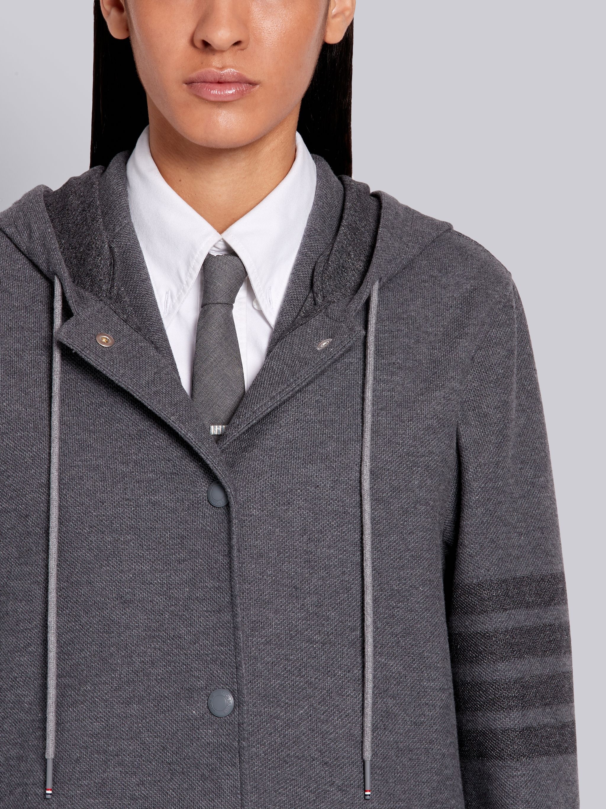 Medium Grey Double Face Cotton Twill Hooded Tonal 4-Bar Parka - 5