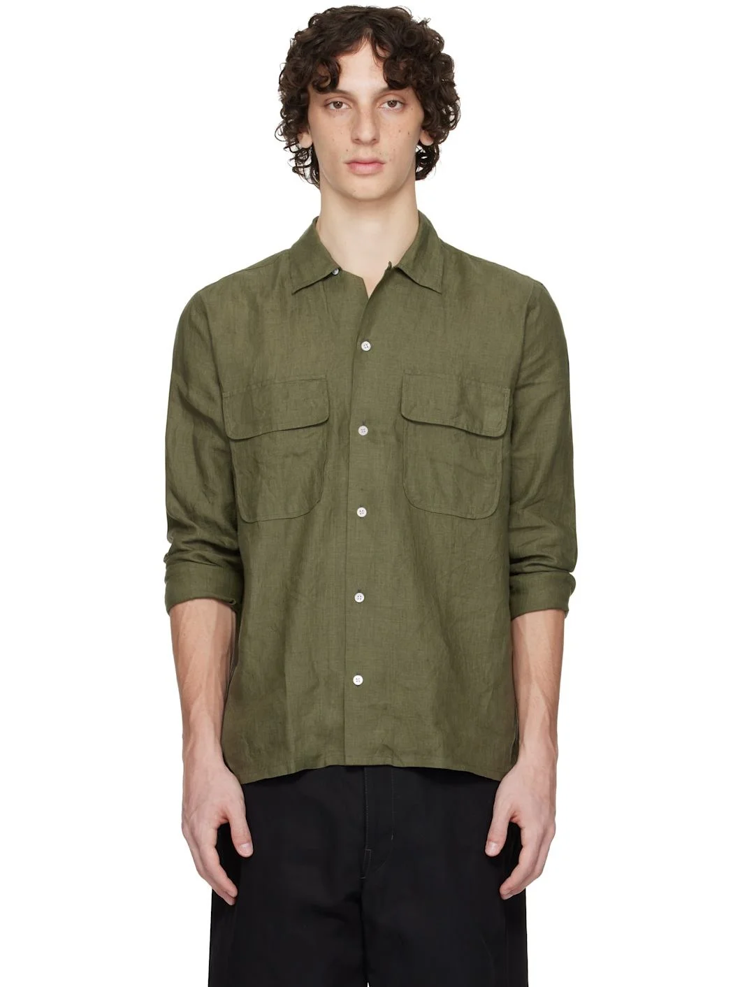Khaki Linen Camp Collar Shirt - 1