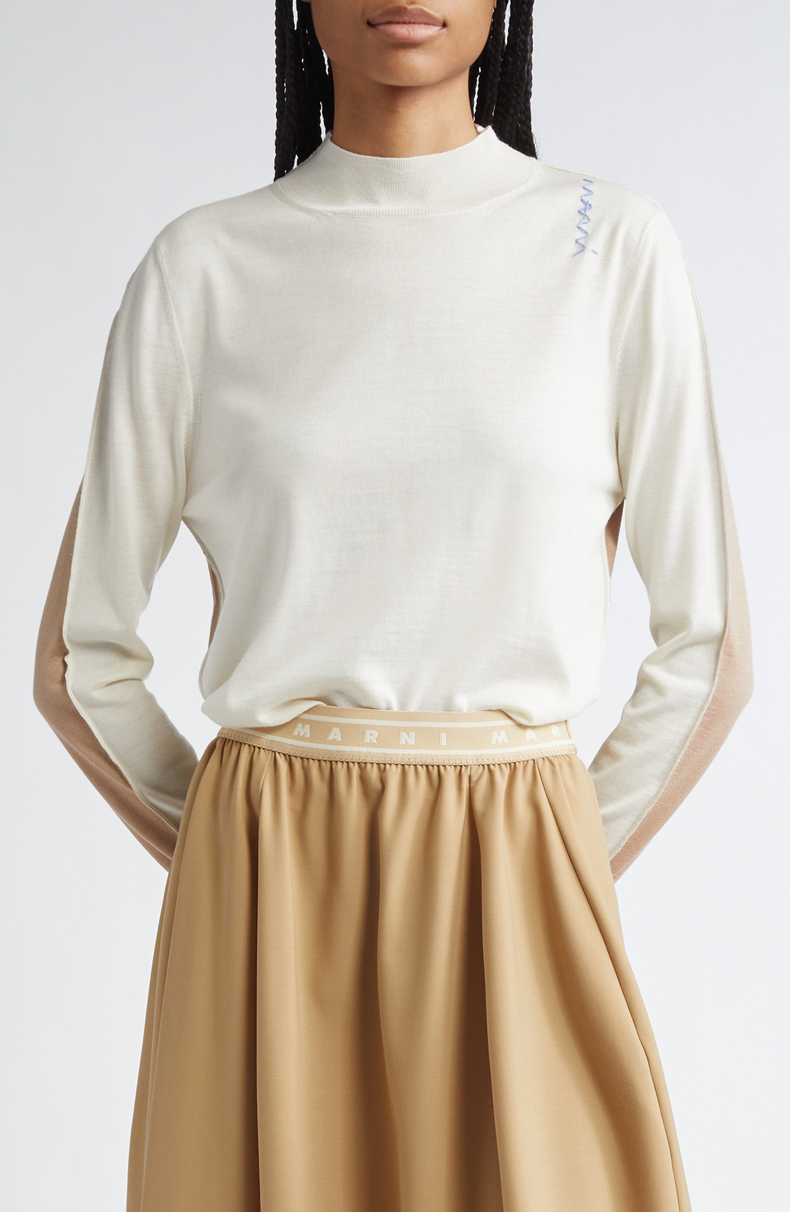 Marni Logo Embroidered Virgin Wool Sweater in Lily/White at Nordstrom - 1