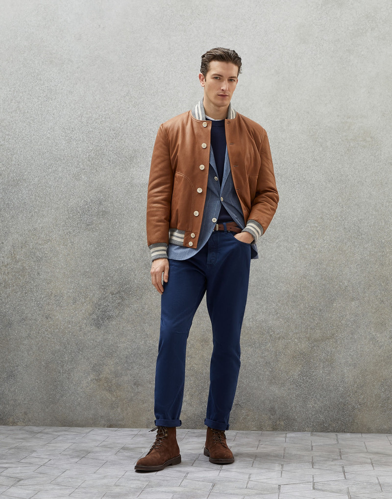 Garment-dyed leisure fit five-pocket trousers in slubbed cotton denim 4