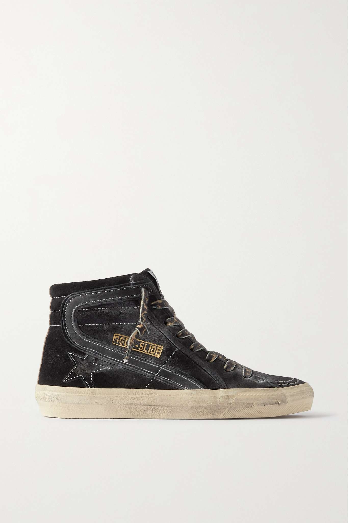 Slide distressed leather-trimmed suede high top sneakers - 1