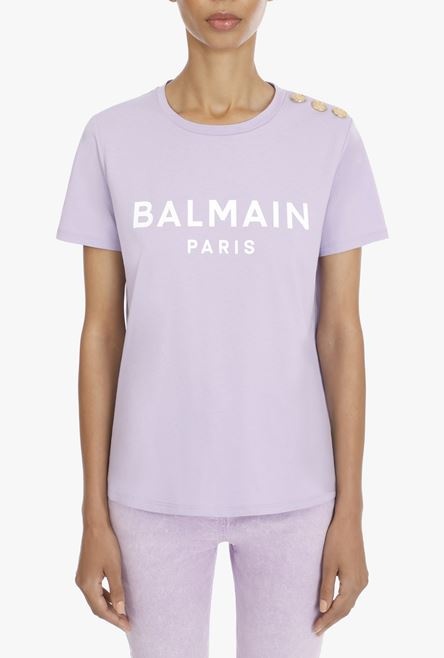 Lilac cotton T-shirt with flocked white Balmain logo - 5