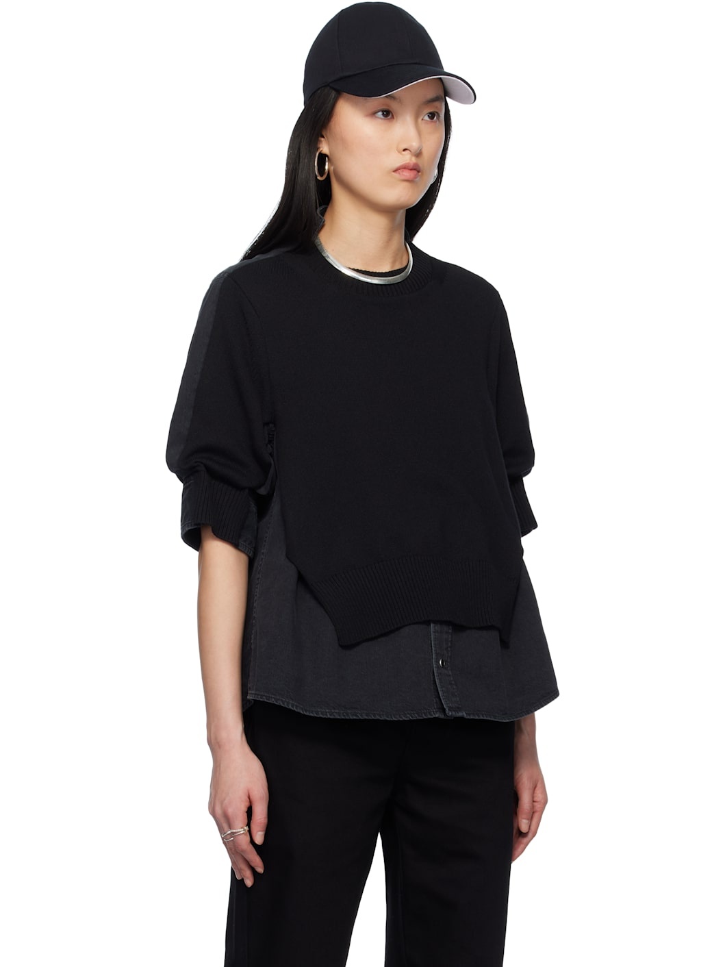 Black Denim Mix Knit Pullover Sweater - 2