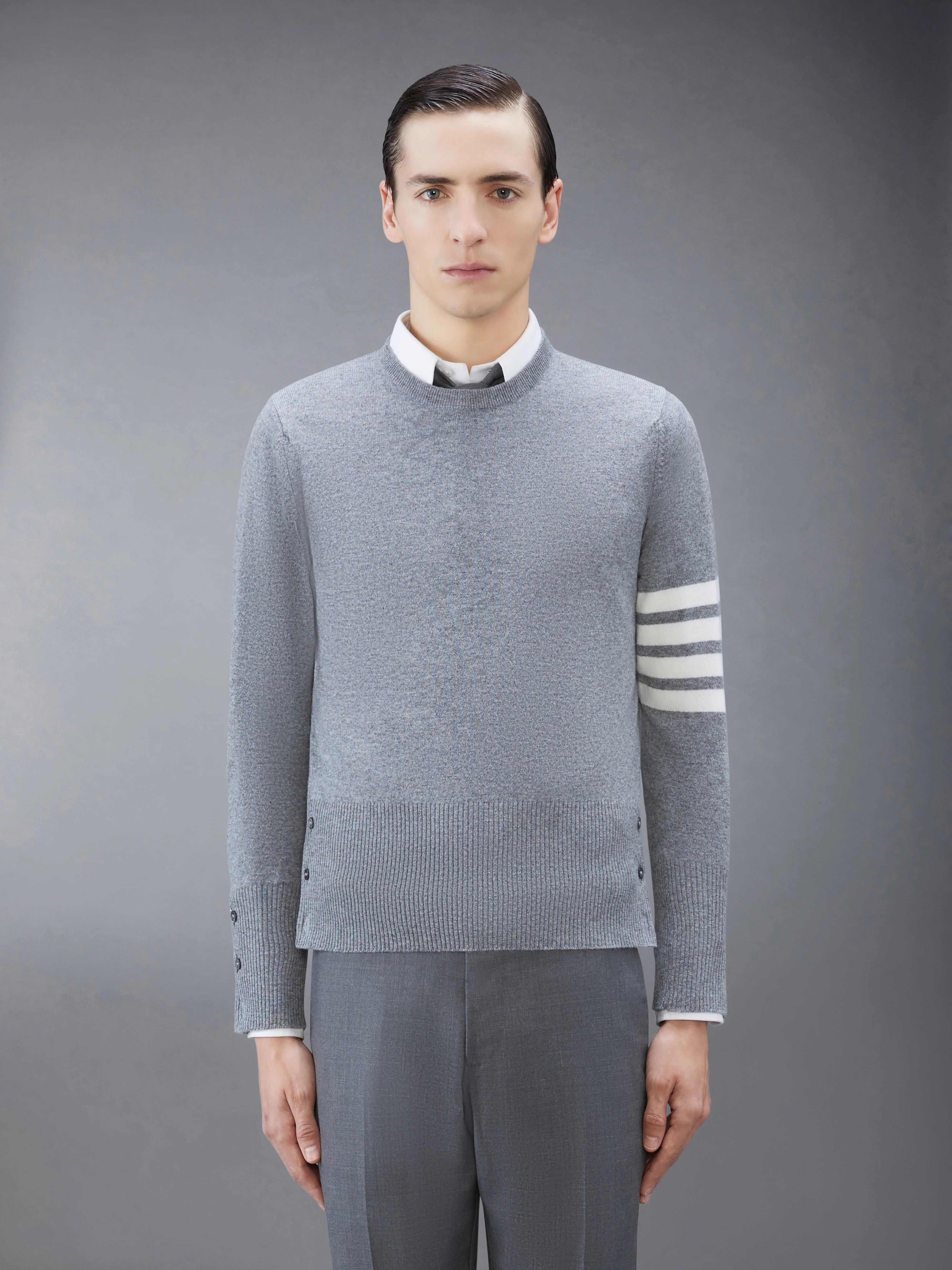 Light Grey Cashmere 4-bar Crew Neck Pullover - 1