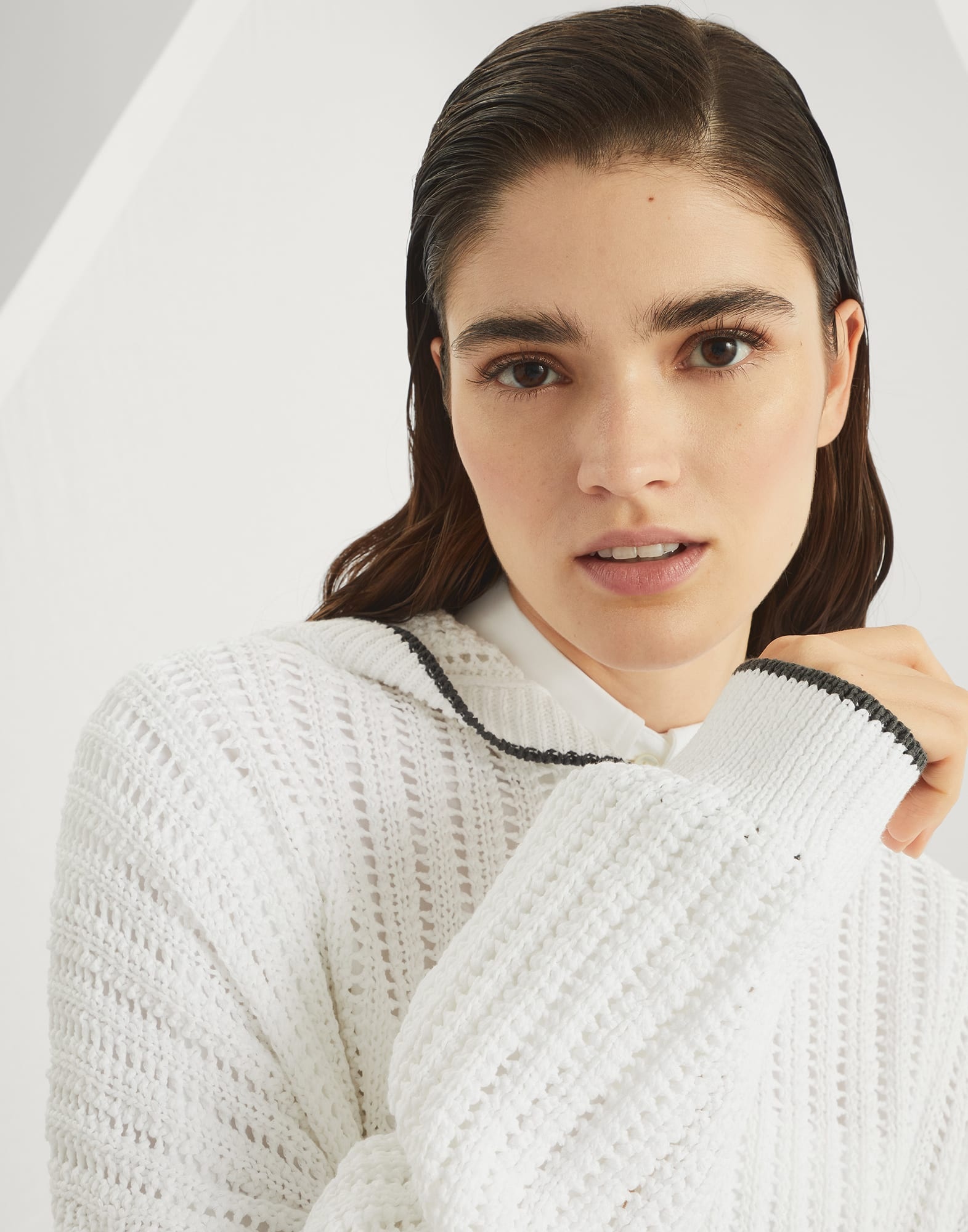 Openwork rib knit hooded sweatshirt in cotton with monili - 3