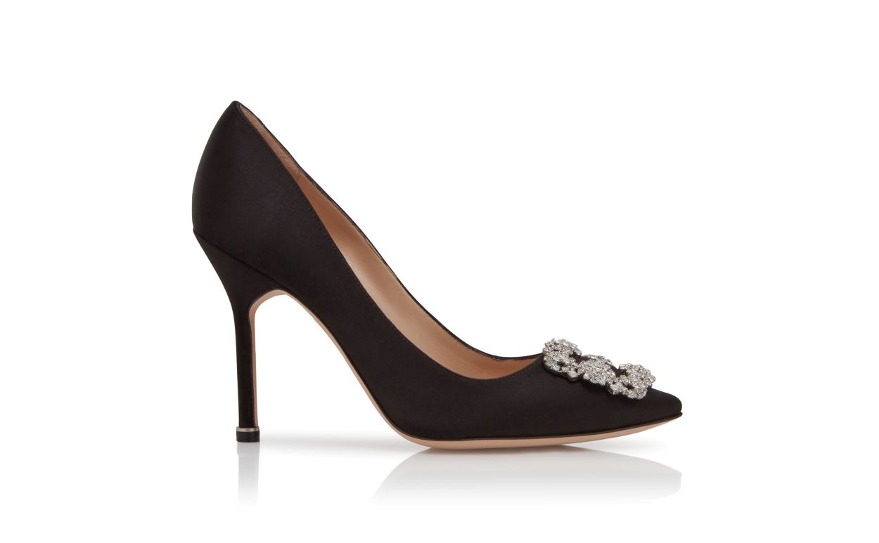 Black Satin Jewel Buckle Pumps - 1