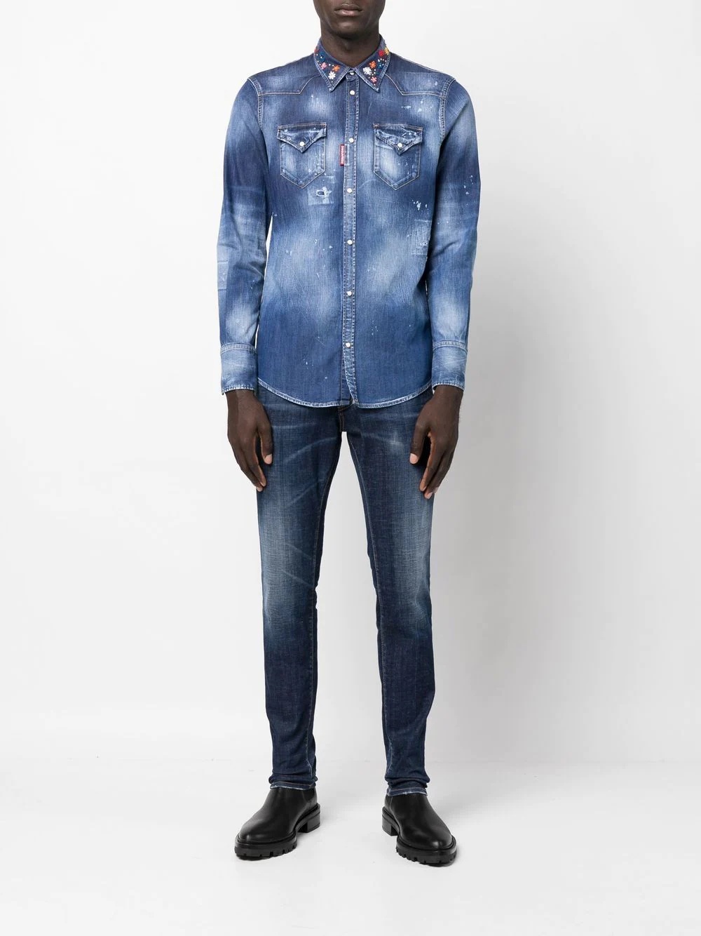 embroidered-design denim shirt - 2