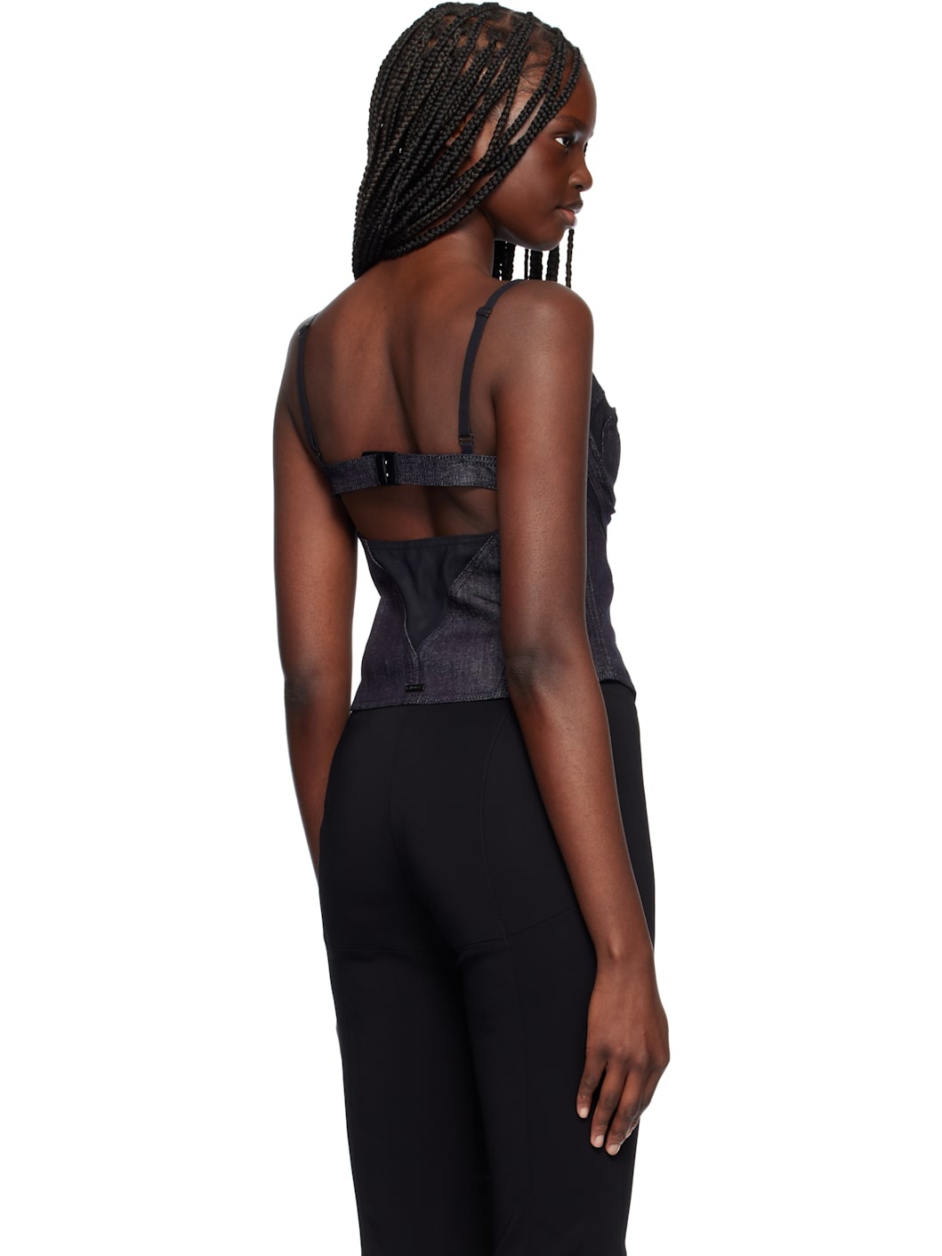 Navy Mesh Corseted Raw Denim Top - 3