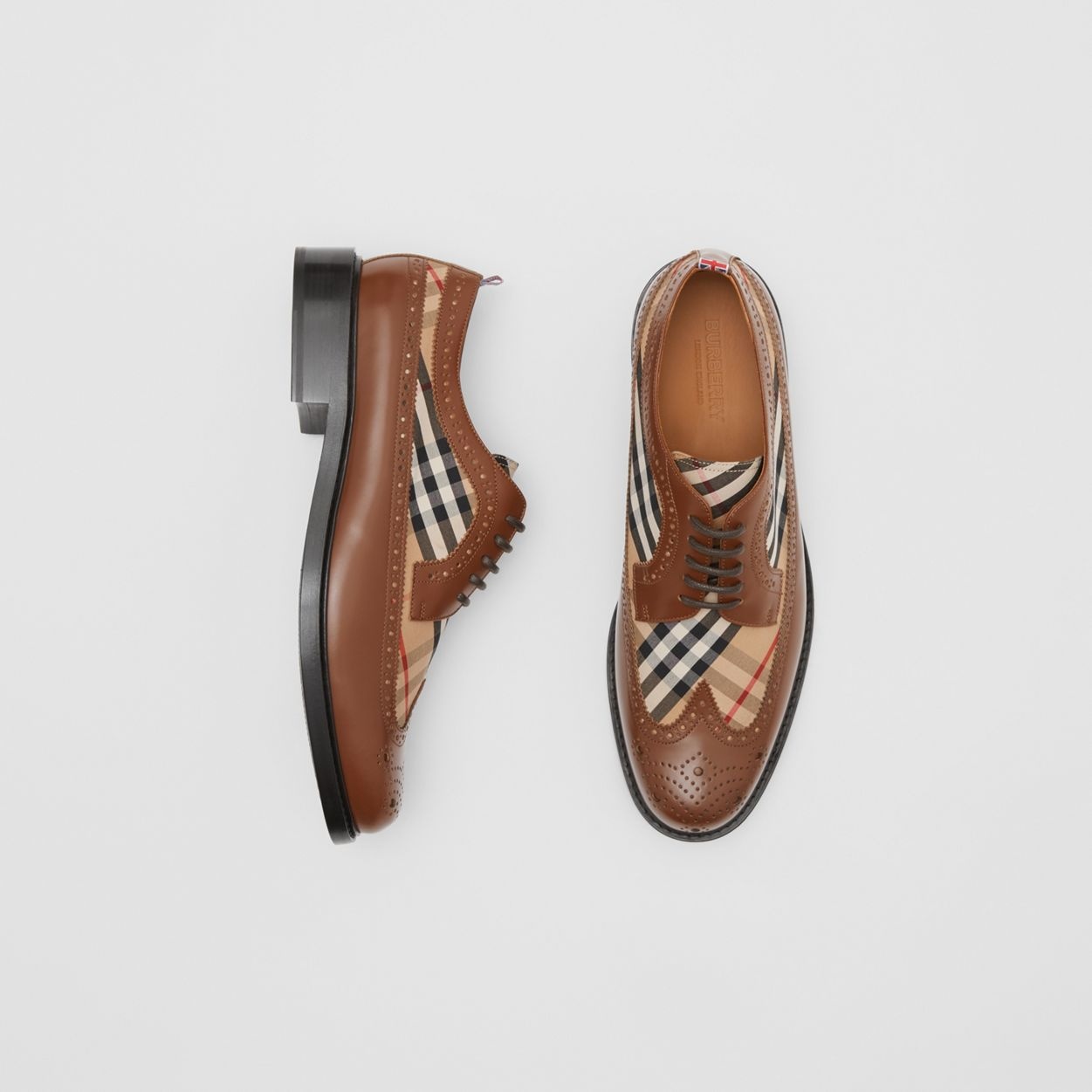 Brogue Detail Leather and Vintage Check Derby Shoes - 2