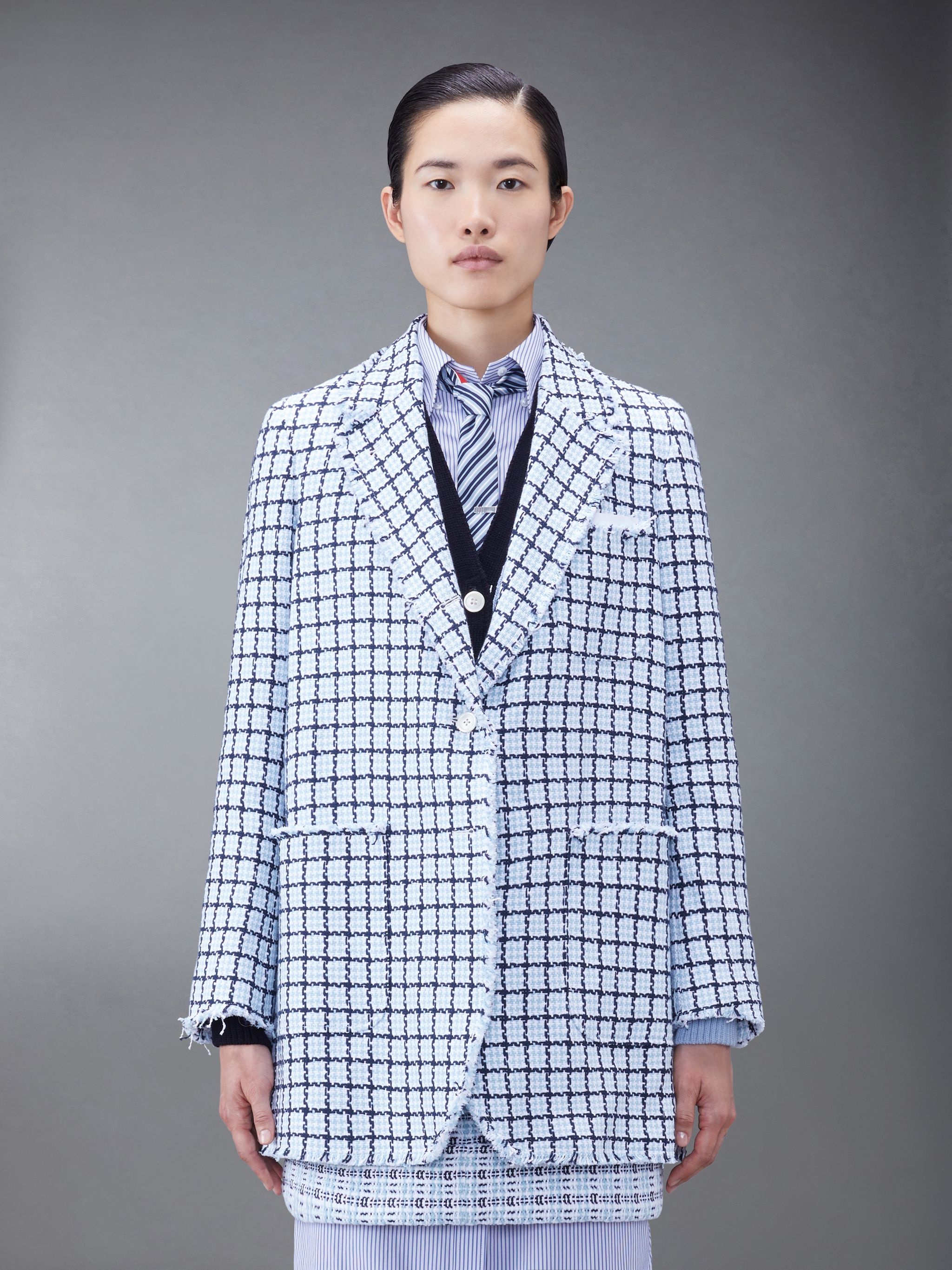 Check Summer Tweed Fray Narrow Shoulder Sack Jacket - 1