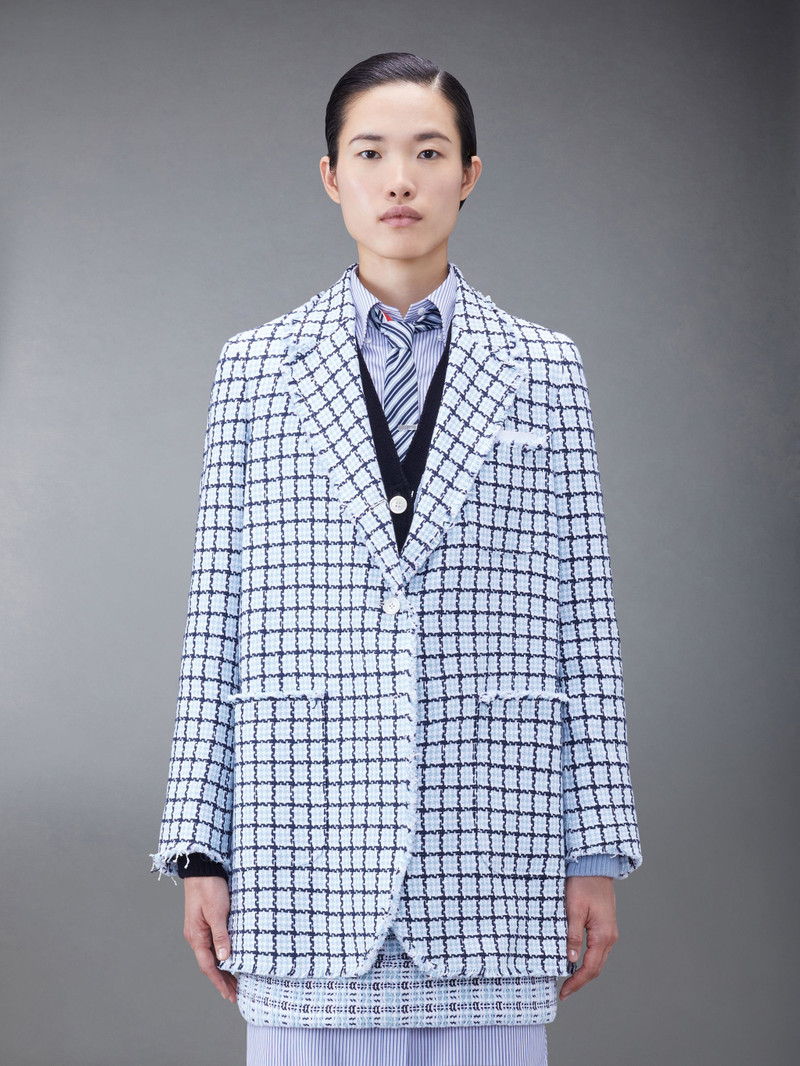 Check Summer Tweed Fray Narrow Shoulder Sack Jacket 1