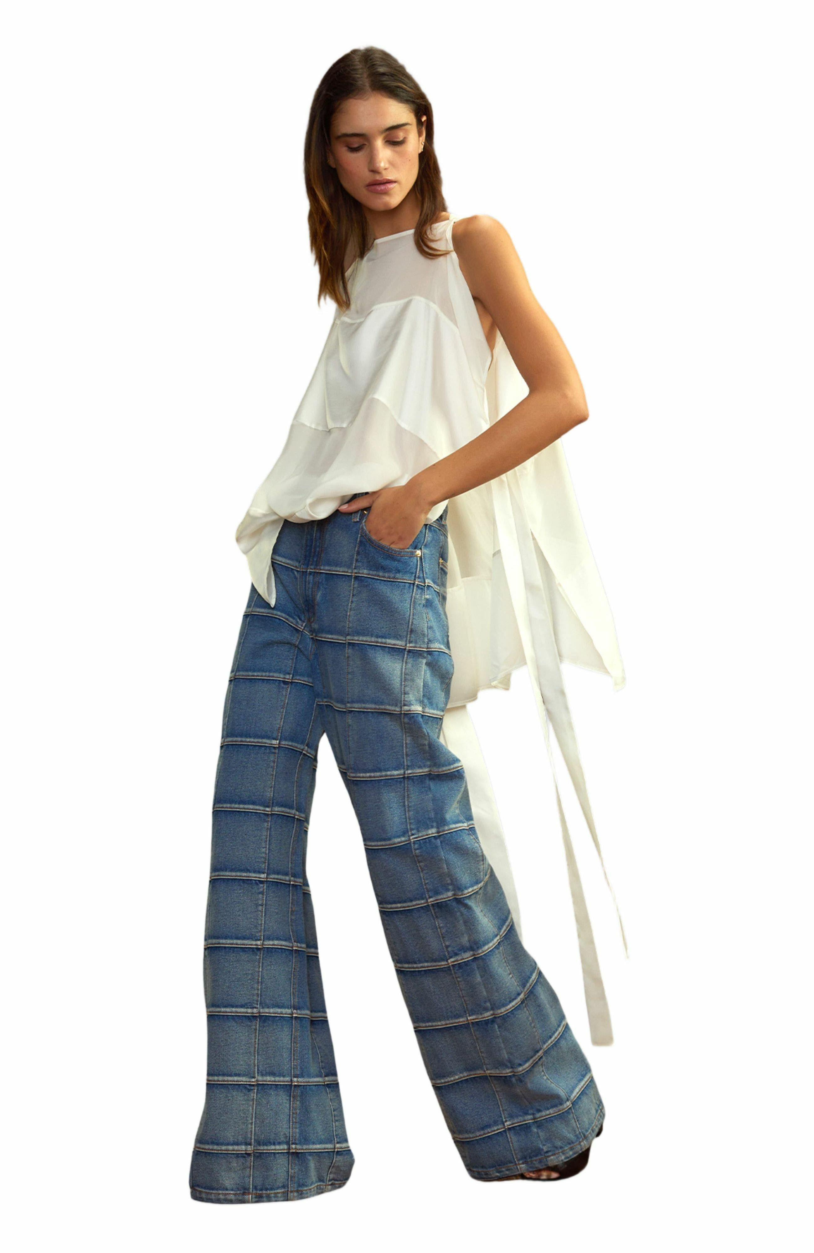 Cynthia Rowley Windowpane Wide-Leg Jeans in Light Wash at Nordstrom - 3