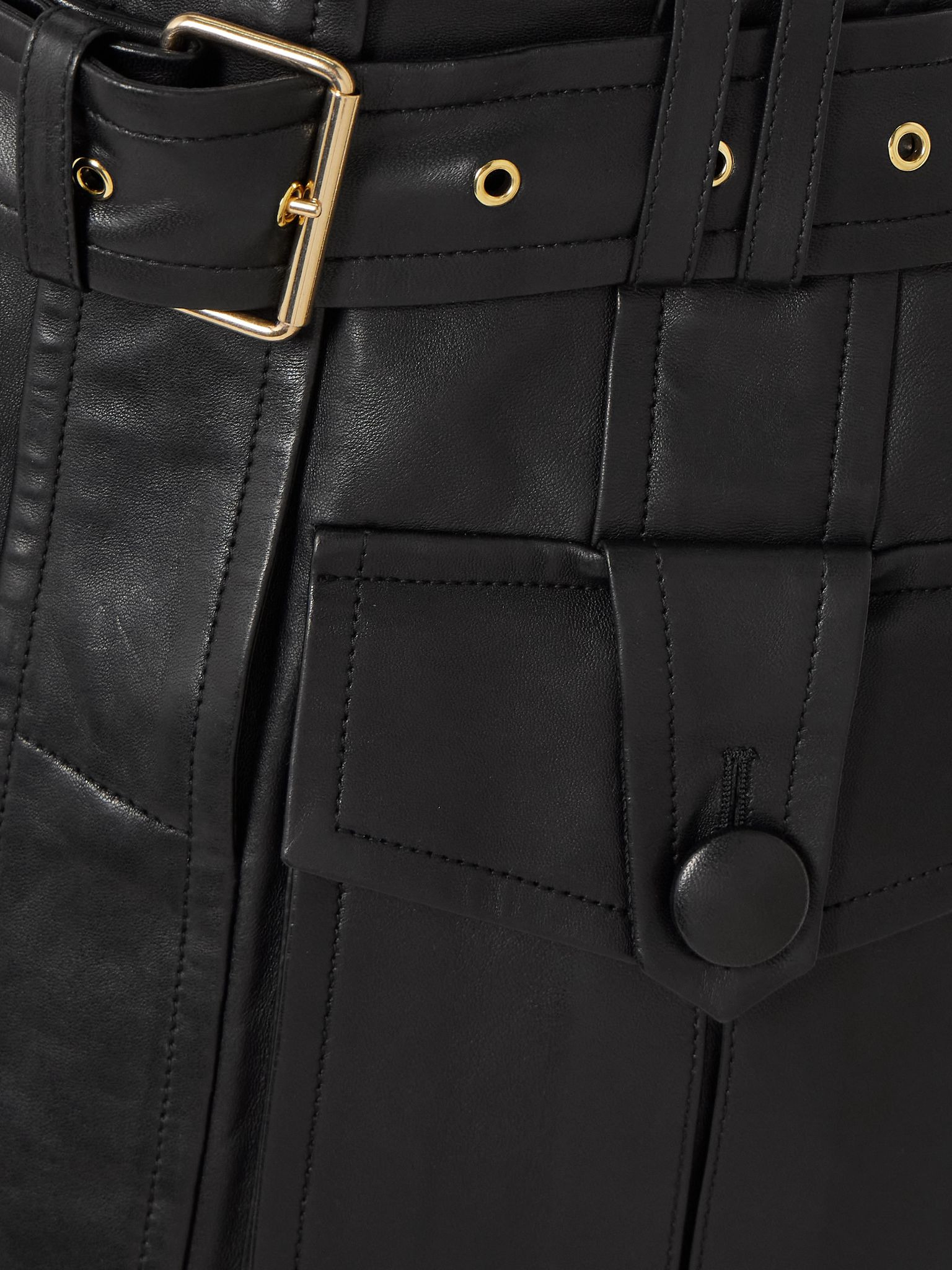 Belted paneled leather mini skirt Black - 4