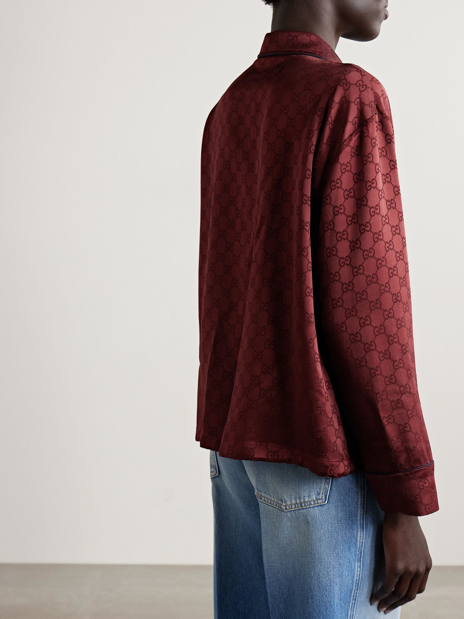 Tie-front satin-jacquard shirt Red - 4