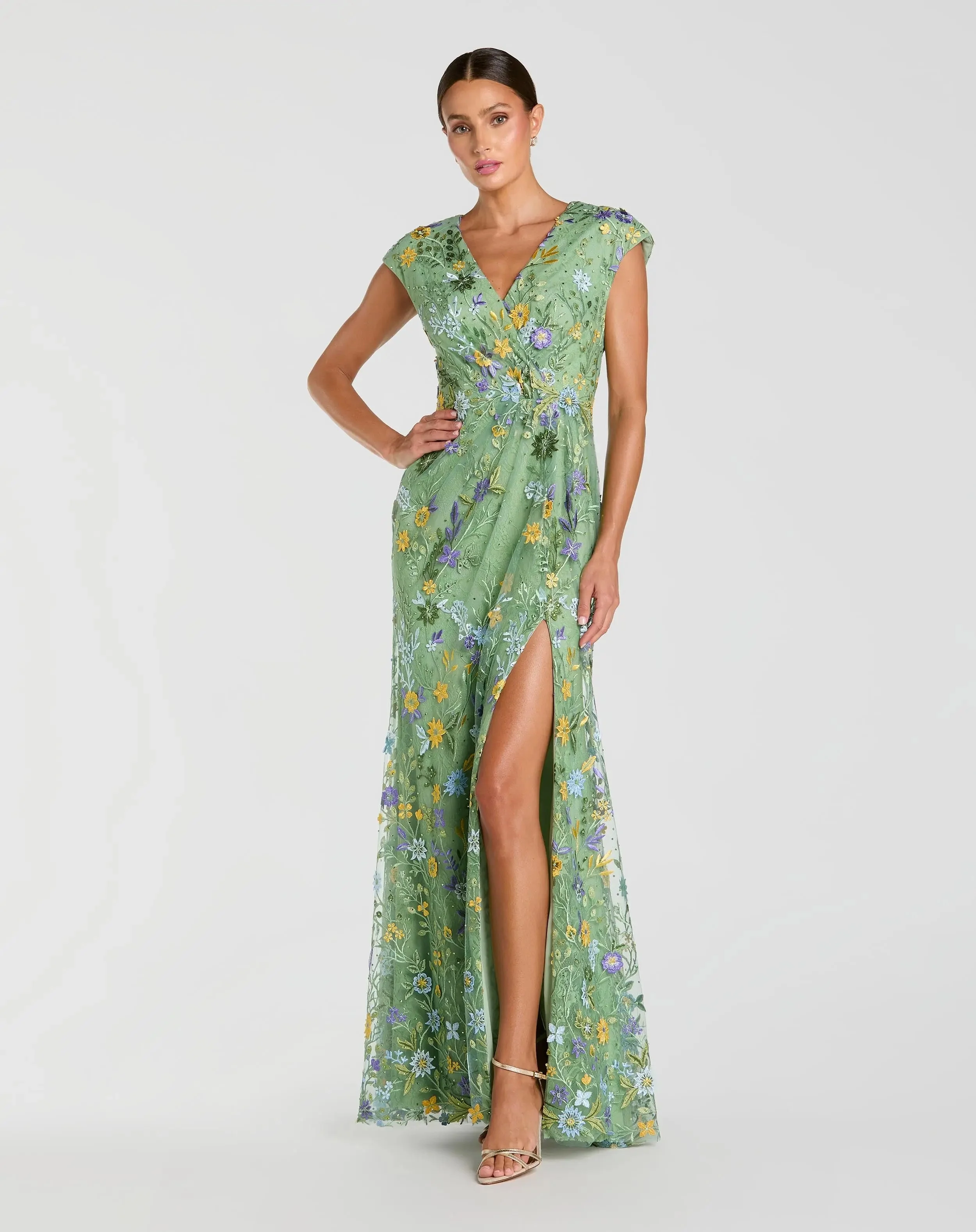 Green Faux Wrap Embroidered Cap Sleeve Gown - 1